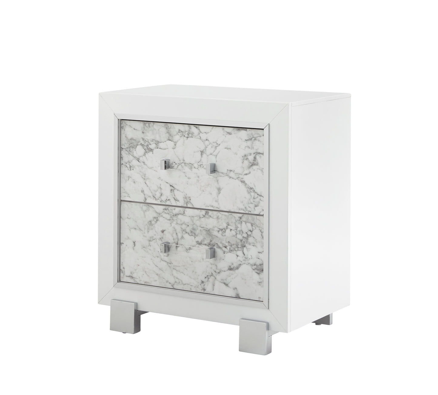 White twodrawer nightstand with marbled drawer fronts and silver hardware