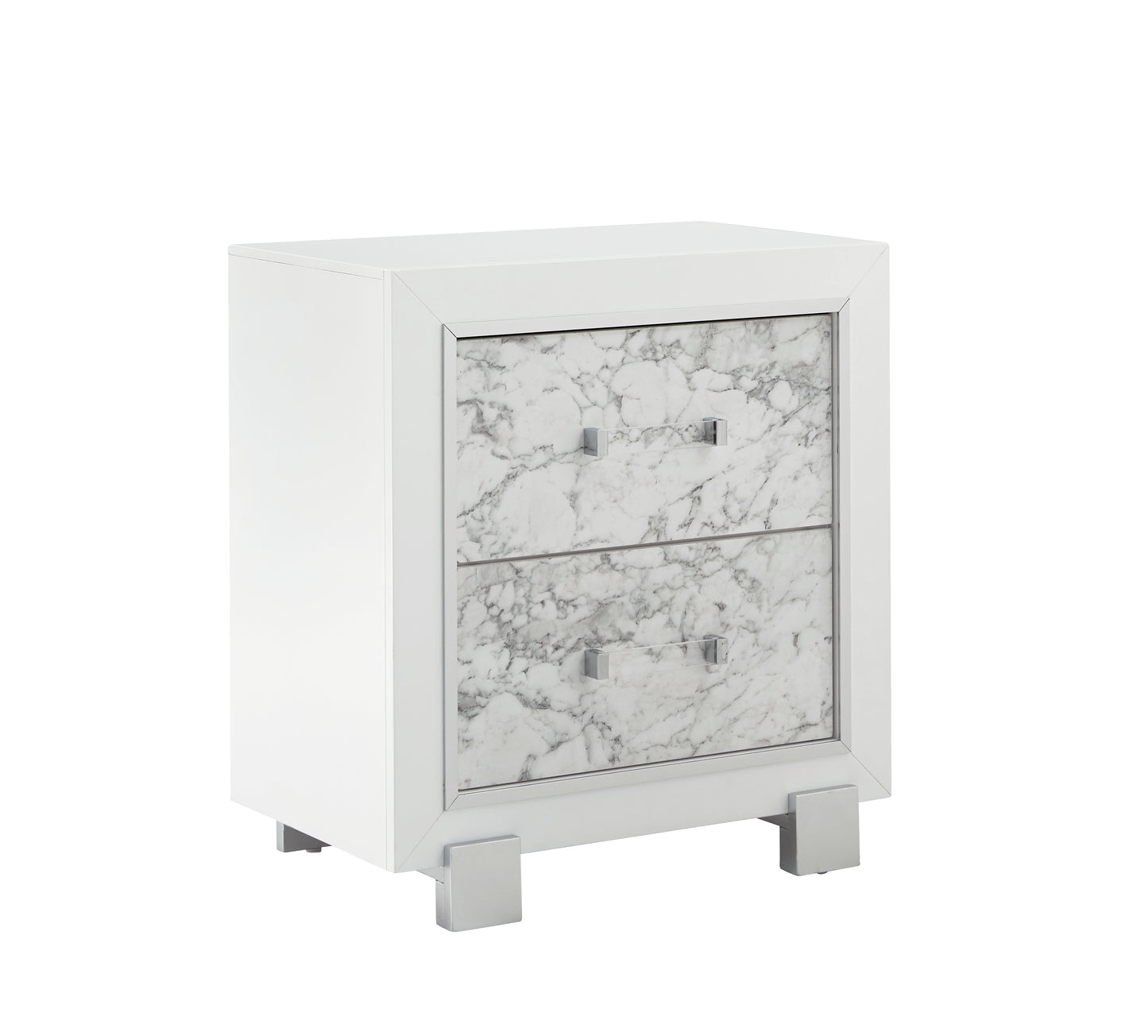 White nightstand with faux marble drawer fronts and silver square handles
