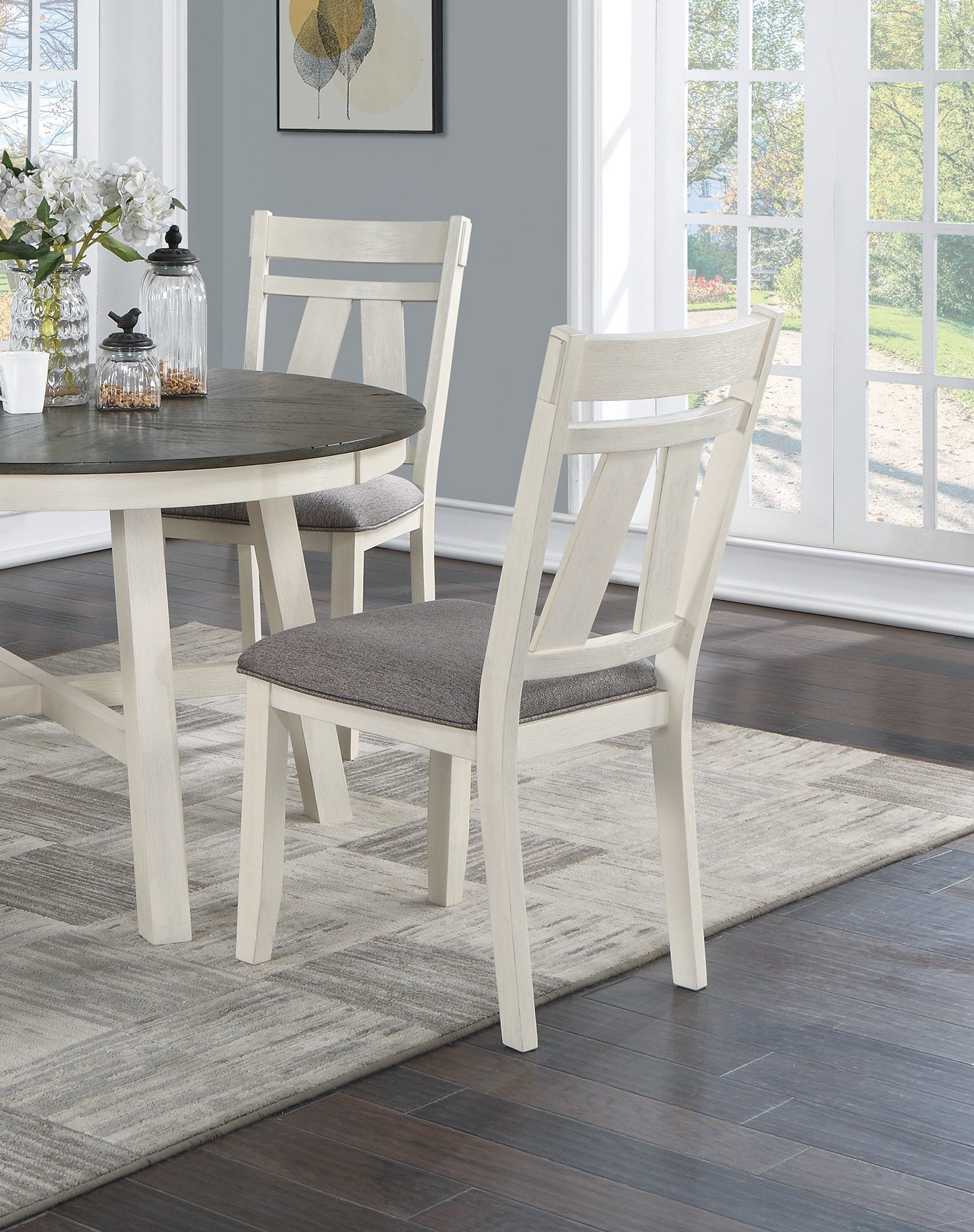 Cream distressed dining chair with grey upholstered seat
