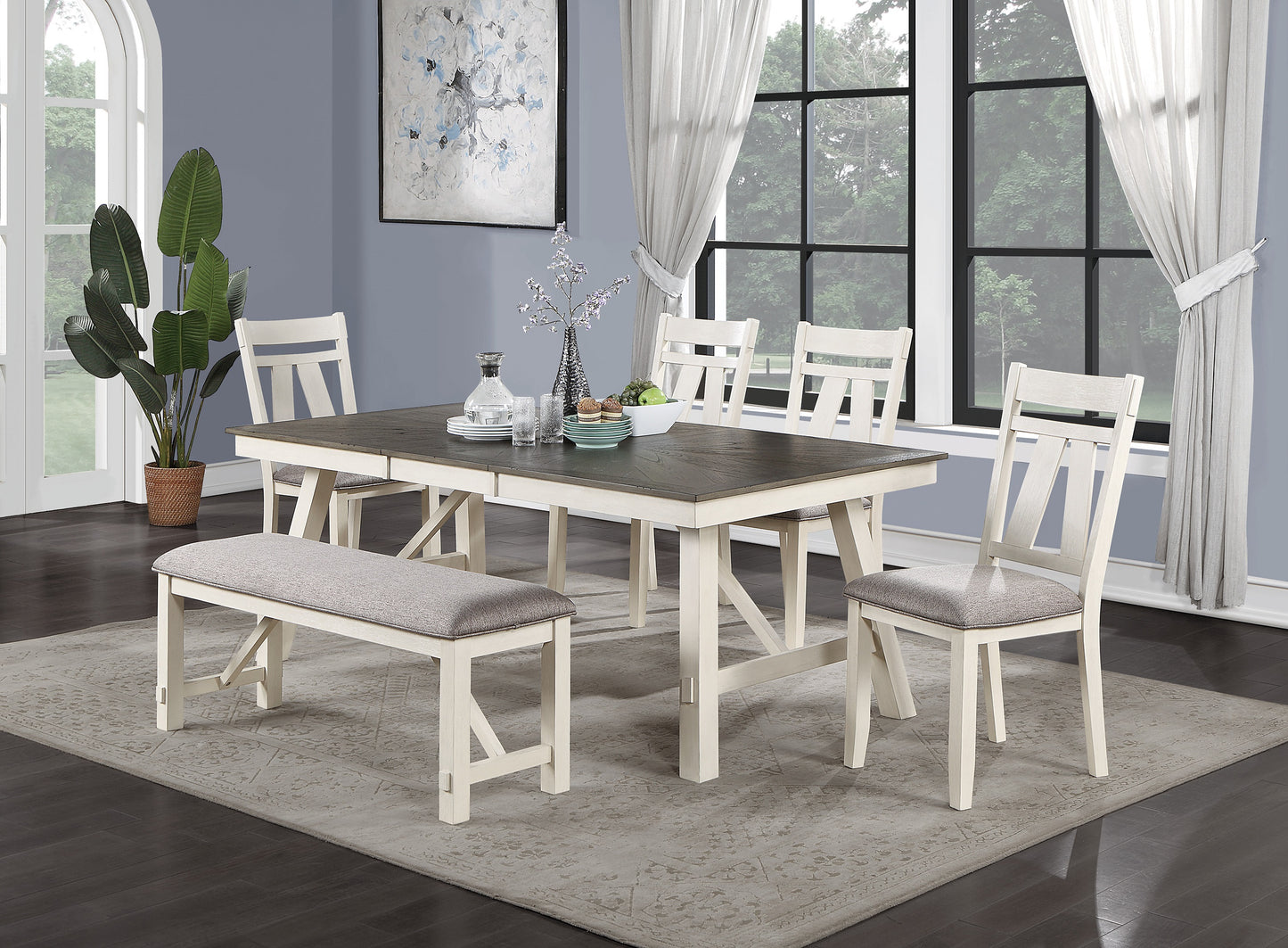 Rustic dining set with distressed white wood base and dark gray table top
