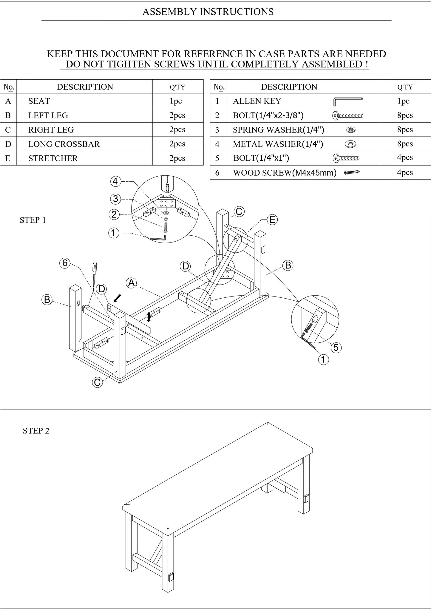 Diagram of assembly instructions for a wooden bench with parts list and stepbystep illustrations