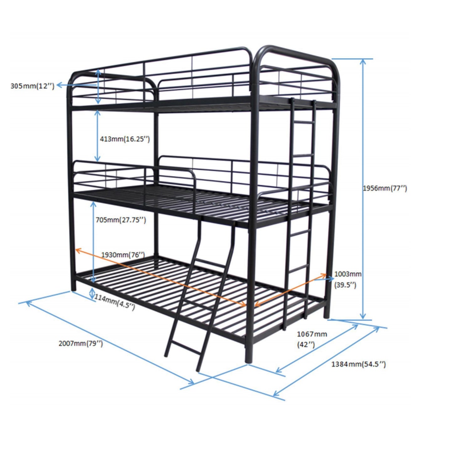 Black metal triple bunk bed with dimensions shown
