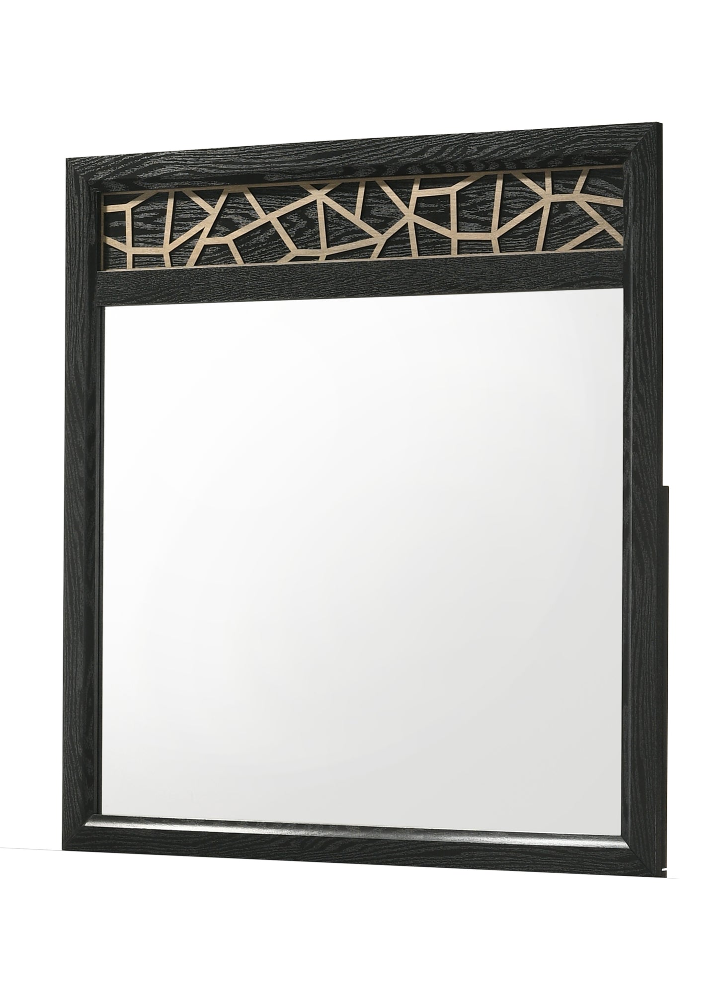 Black wood framed mirror with geometric gold inlay detail