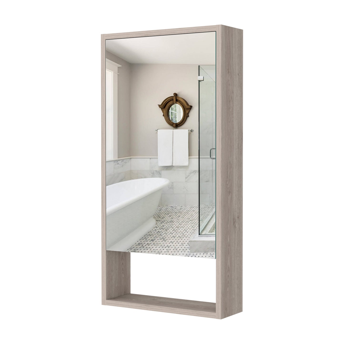 Modern grey wood medicine cabinet with mirrored door and open shelf