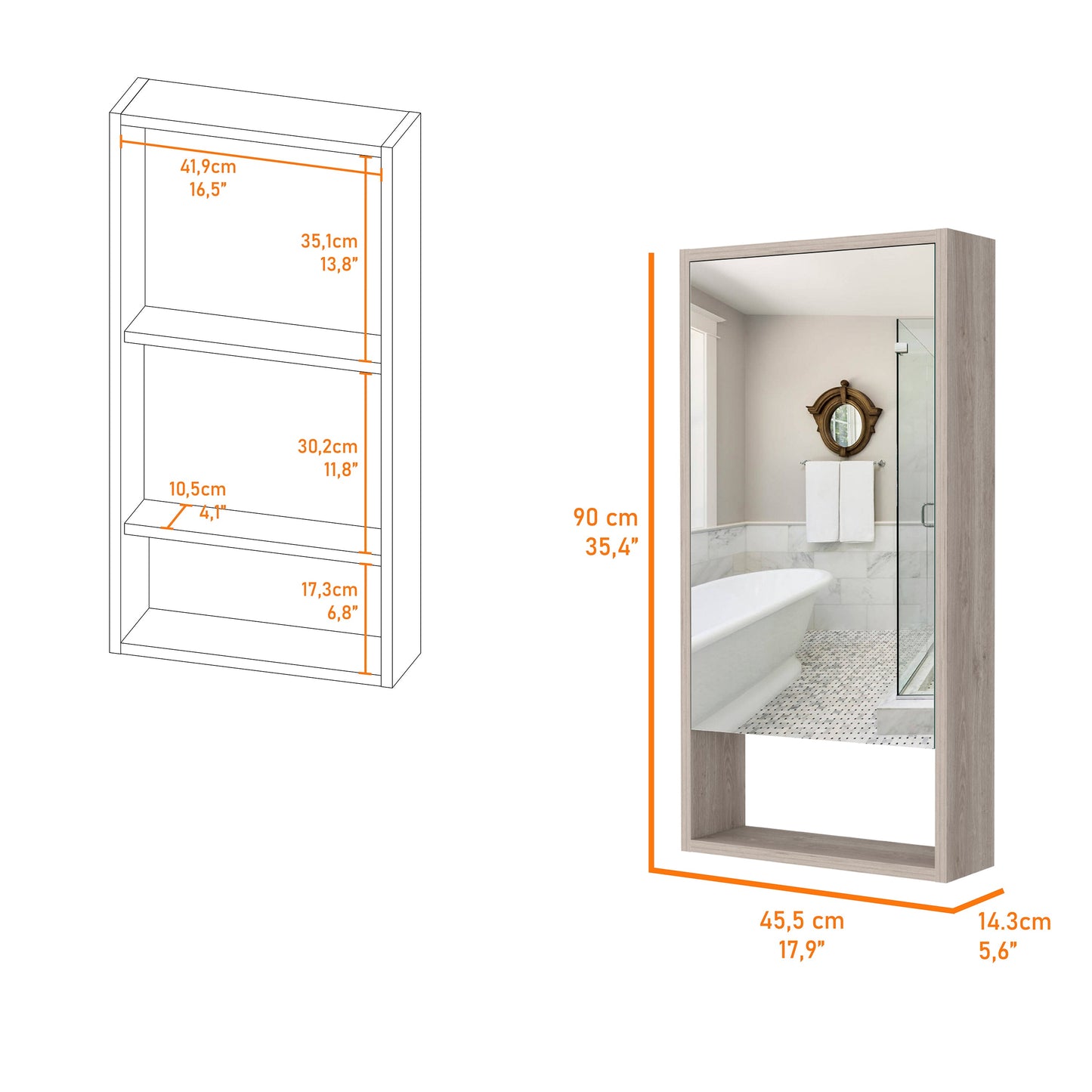 Modern grey wood medicine cabinet with mirrored door and interior shelf