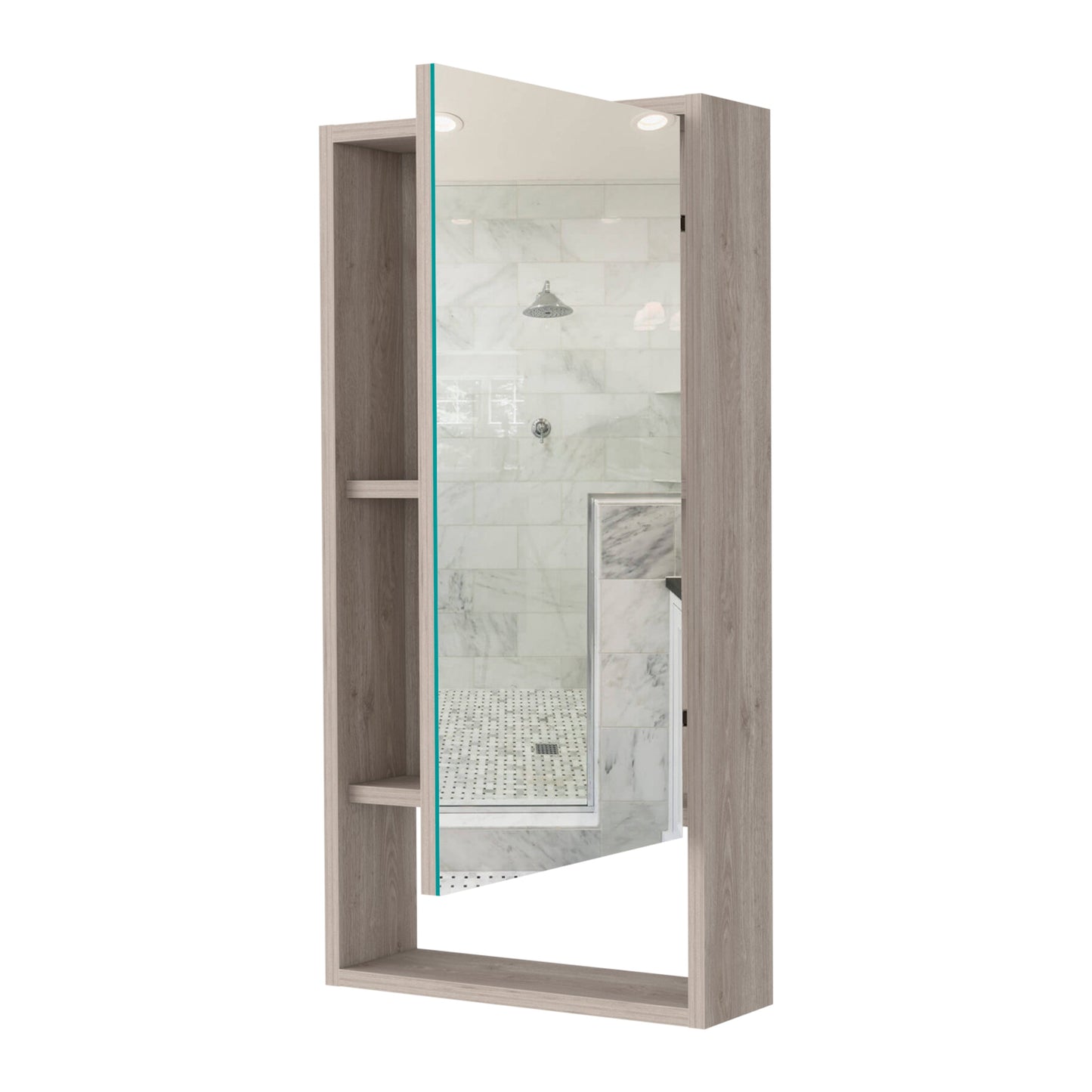 Modern grey wood medicine cabinet with mirrored door and open shelving