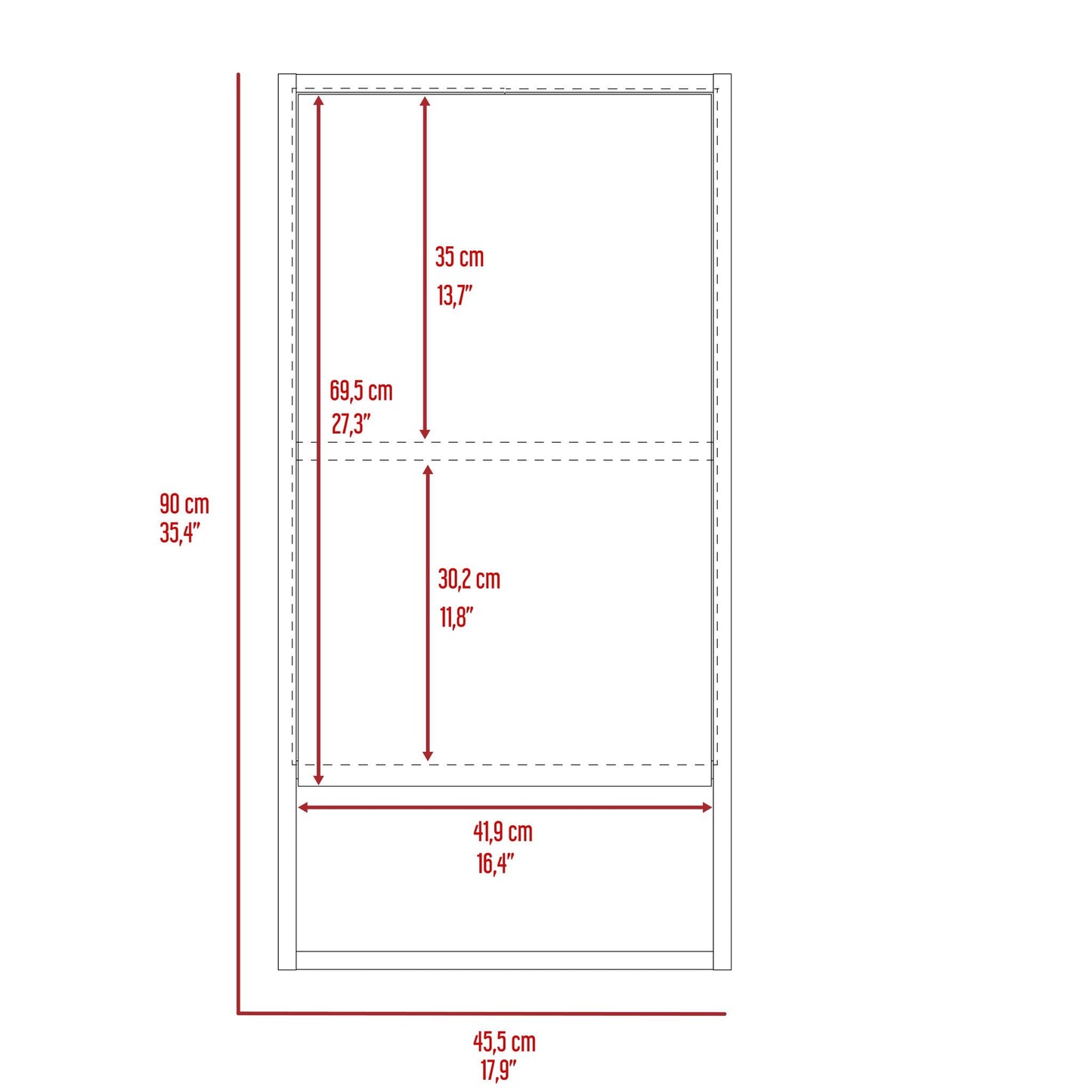 Diagram of a shelving unit with dimensions cm x cm