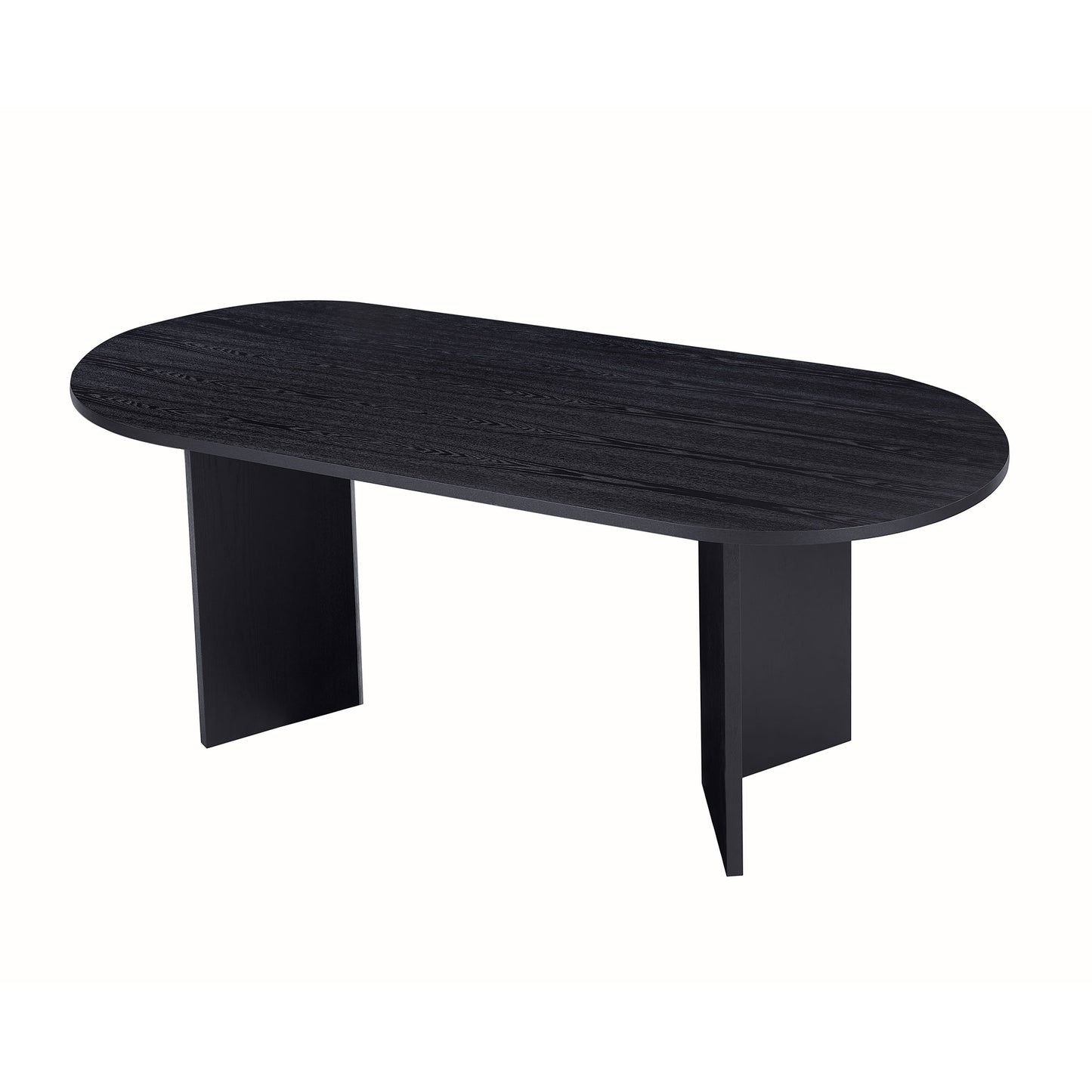 Black oval dining table with wood grain texture and modern pedestal legs