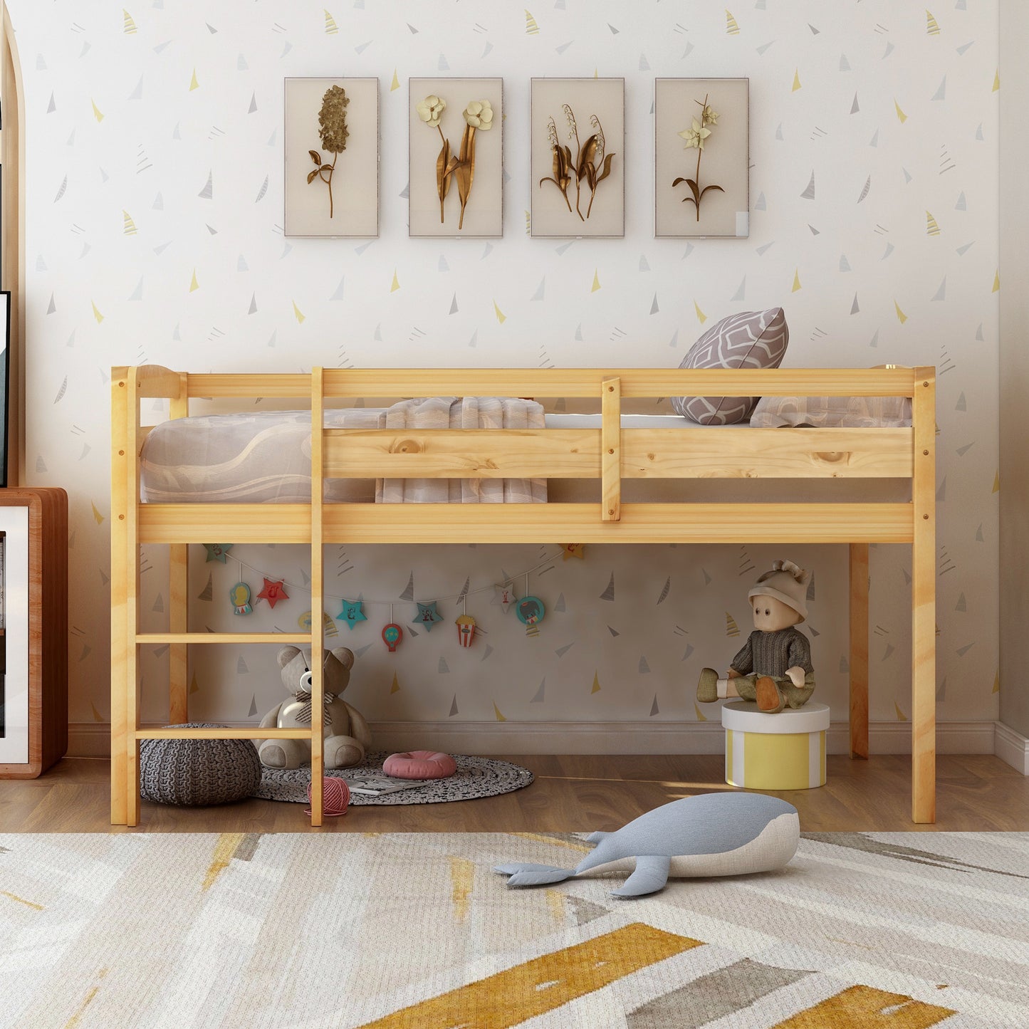 Solid wood loft bed with ladder natural finish for childrens bedroom