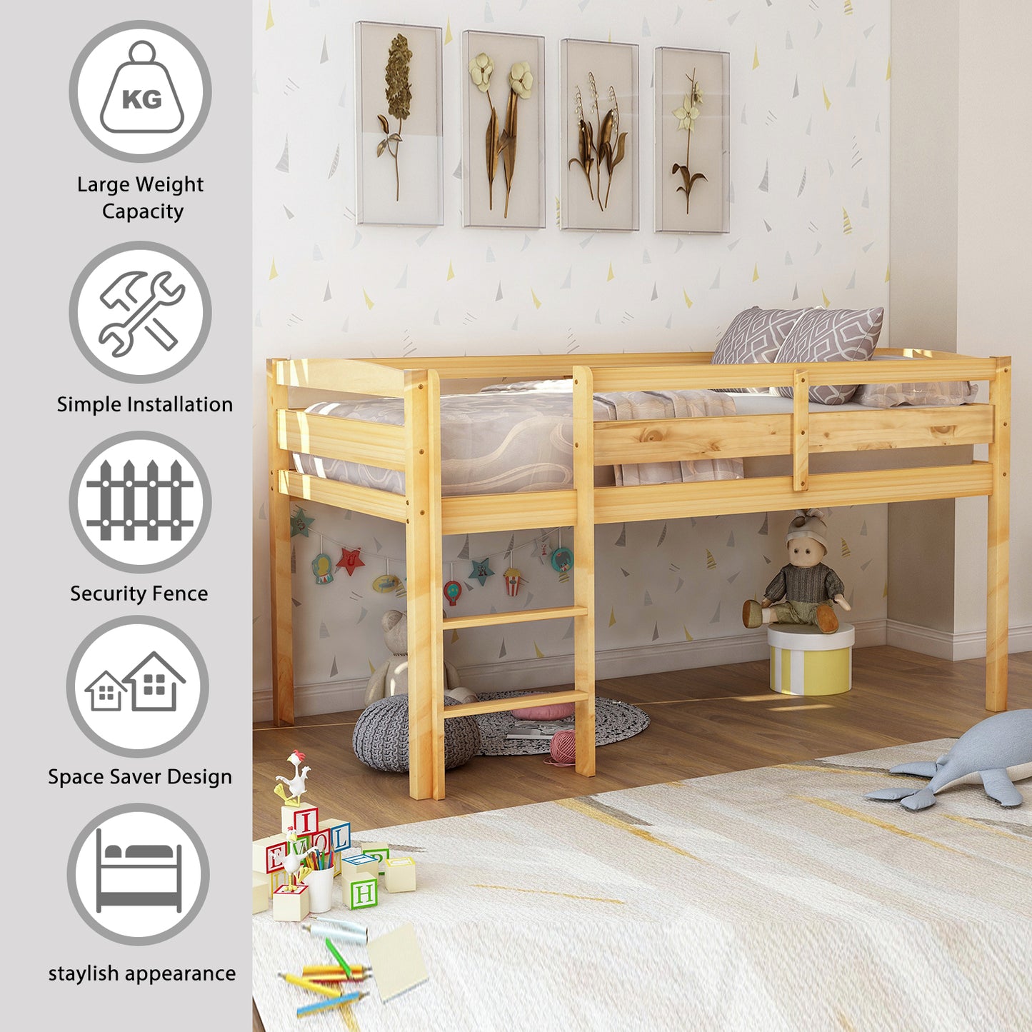 Natural wood twin loft bed with ladder and security fence