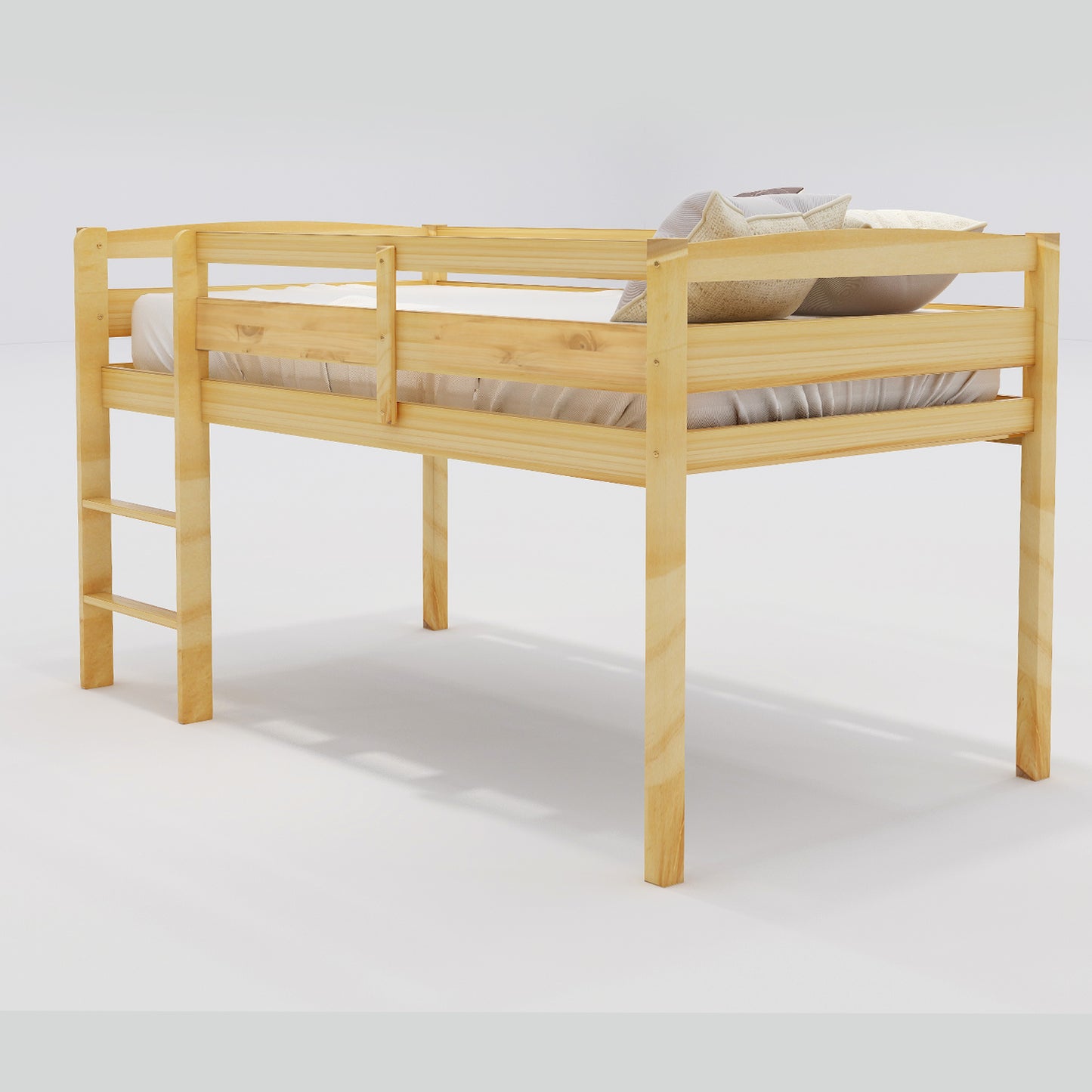 Natural pine wood loft bed with ladder and rails for childs room