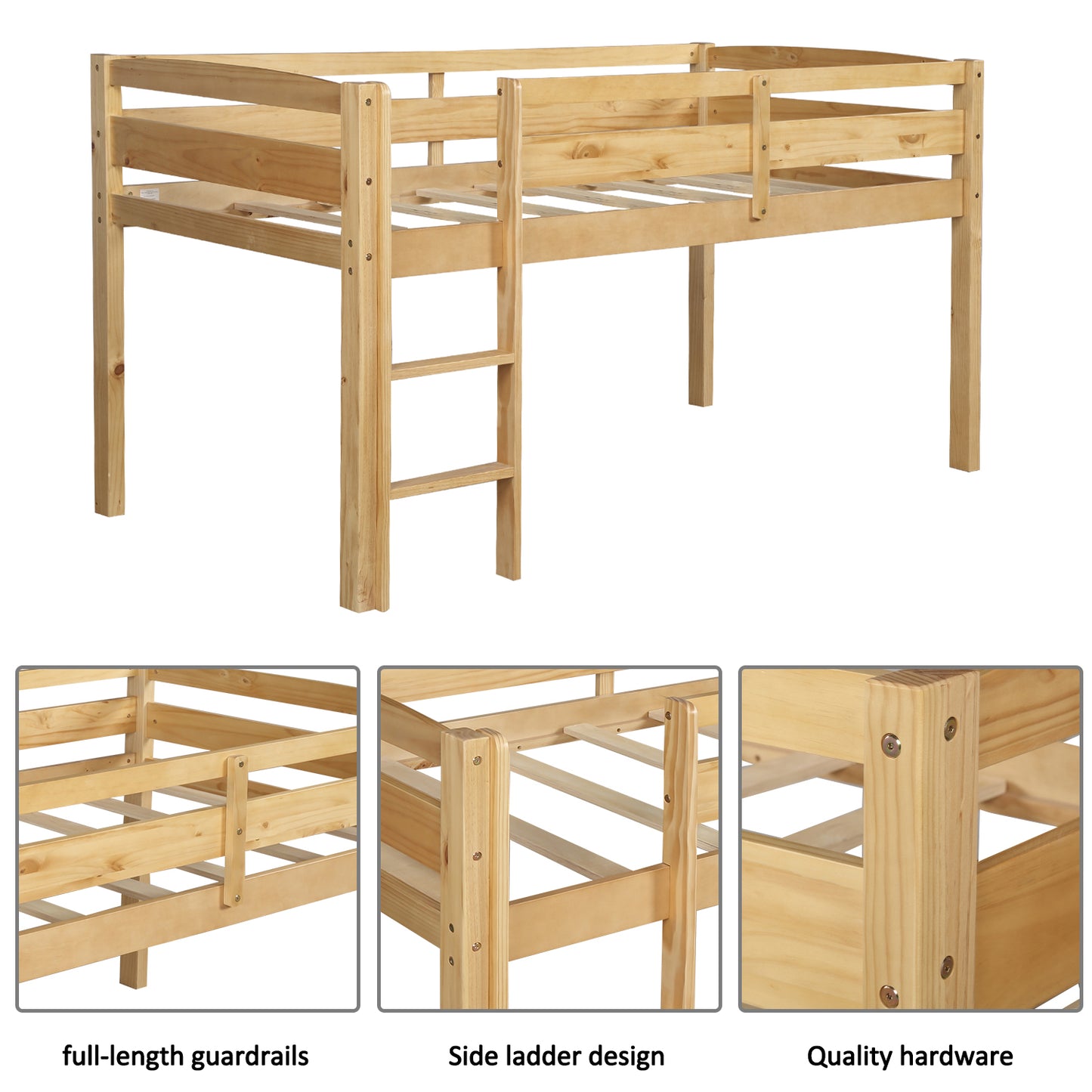 Natural wood twin loft bed with ladder and guardrails