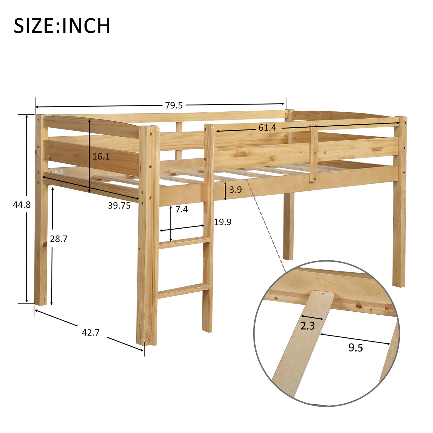 Natural wood loft bed with ladder