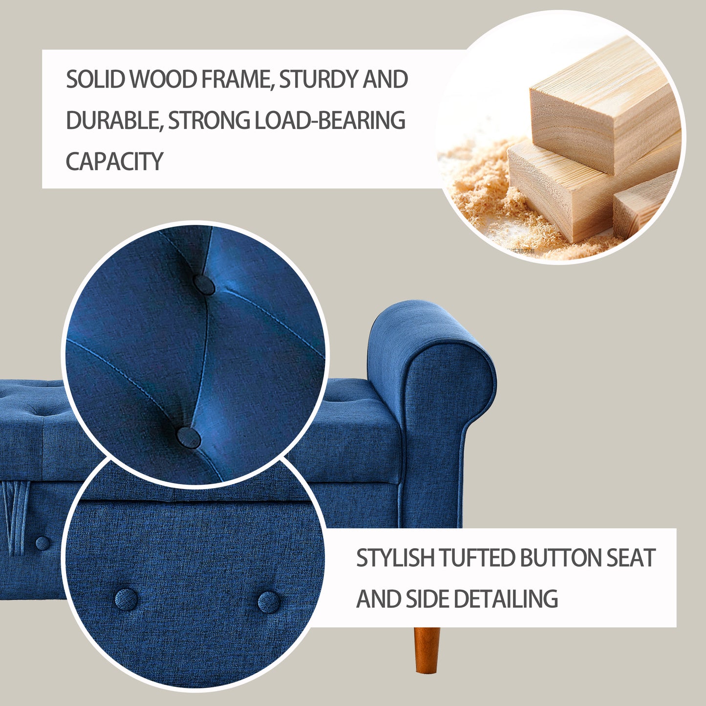 Dark blue upholstered storage bench with tufted button seat detail