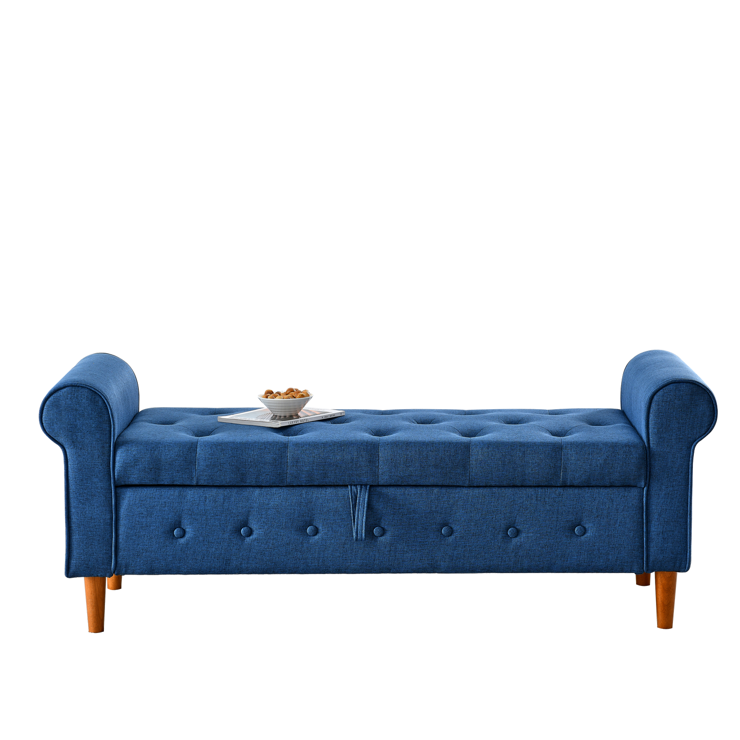 Blue upholstered storage bench with tufted top and rolled arms