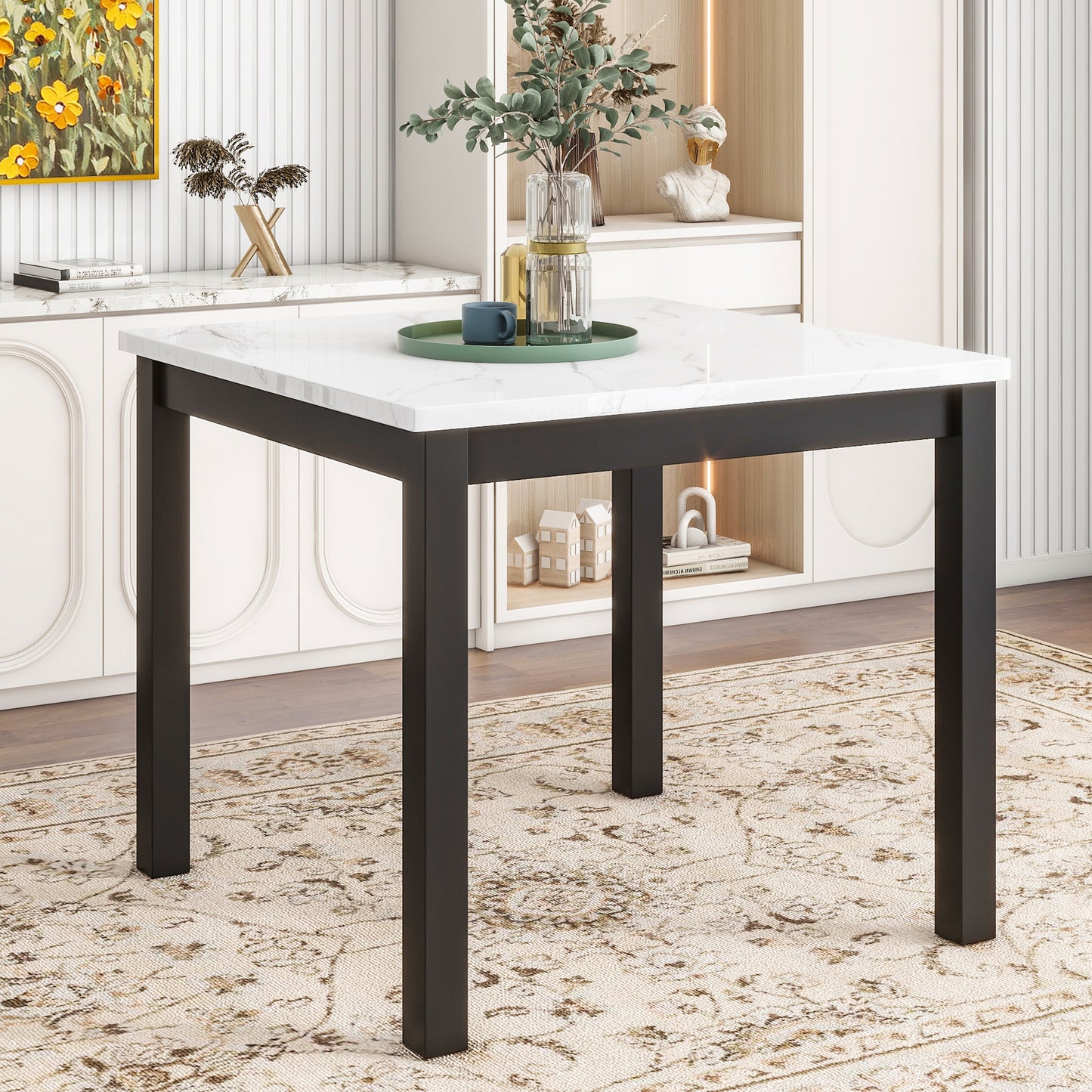 Square dining table with white marble top and black metal legs