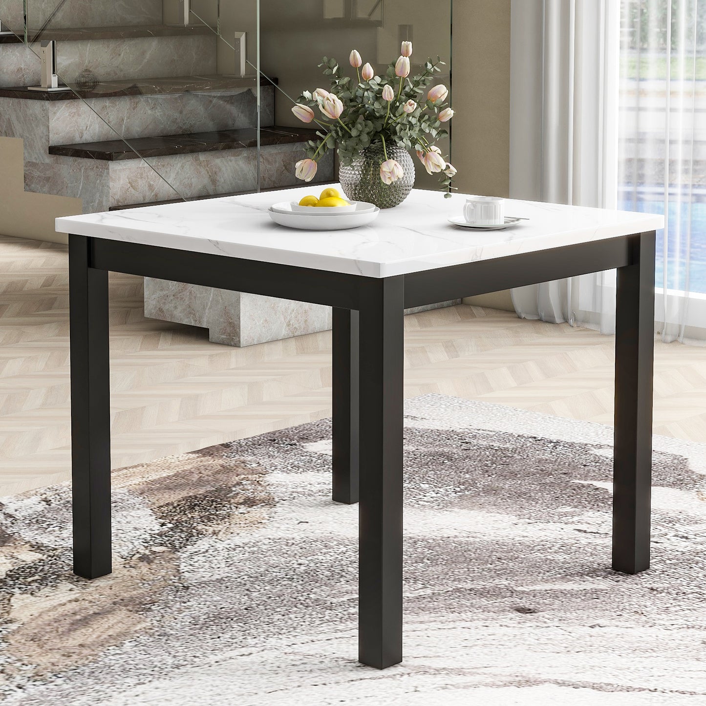 Square marble top dining table with black metal legs