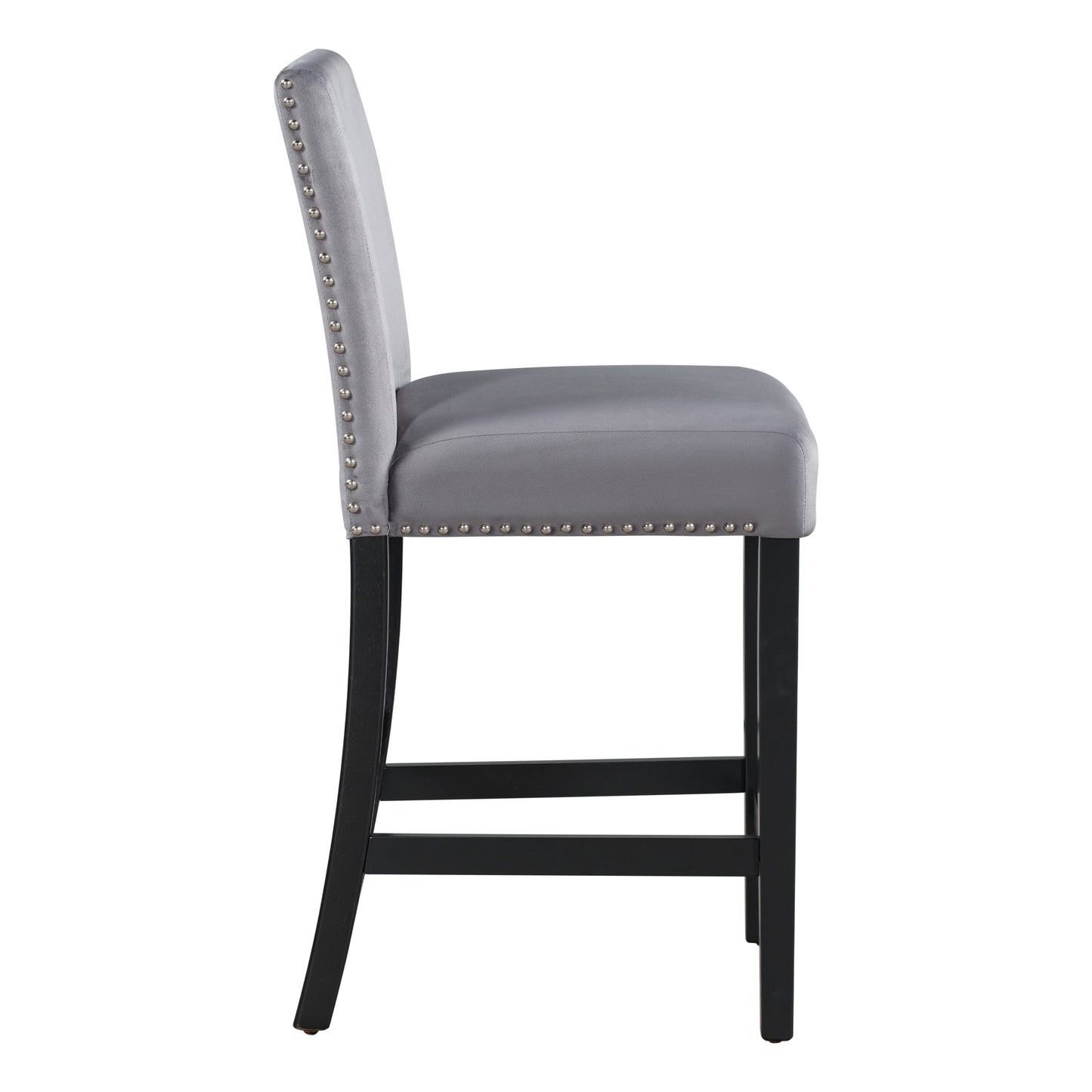 Grey velvet bar stool with silver nailhead trim and dark wood legs