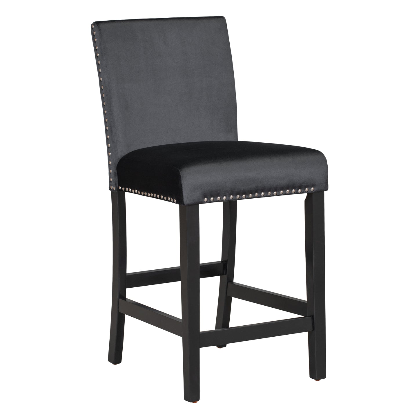 Dark gray velvet bar stool with studded trim and black wooden legs