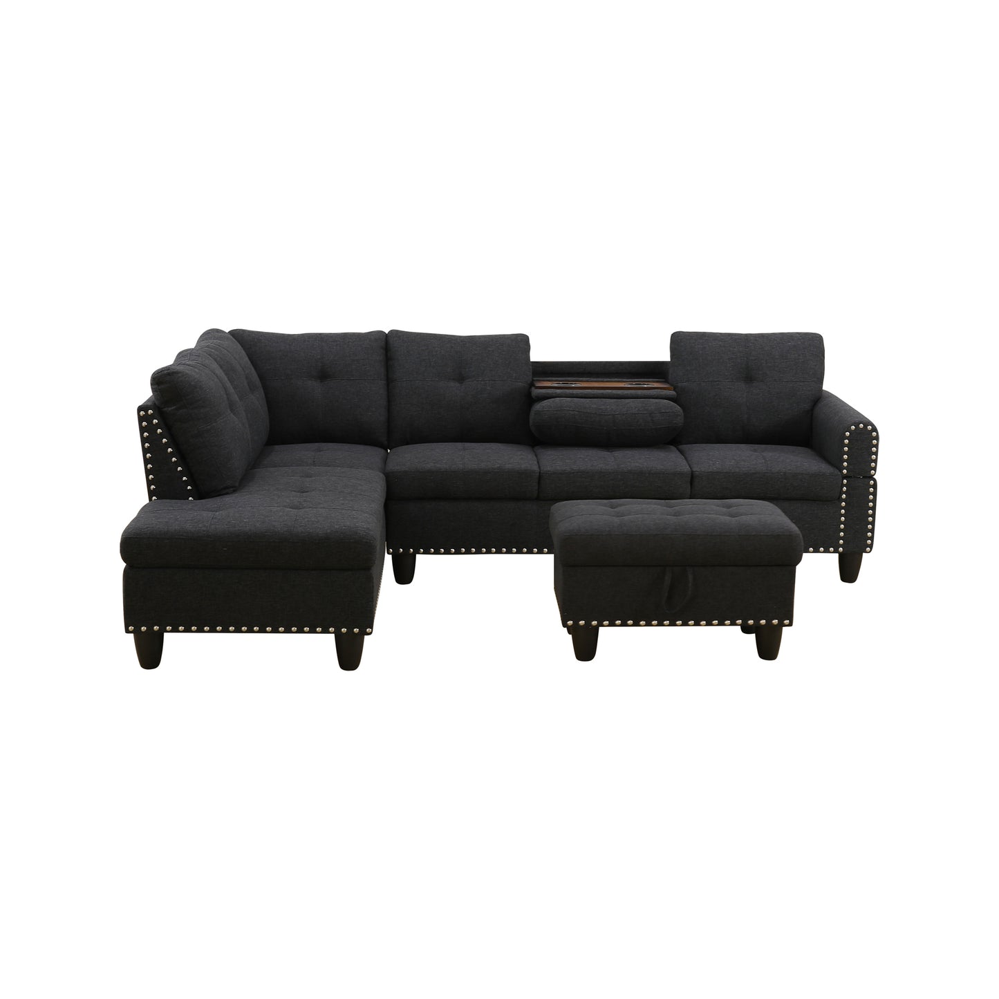 Dark gray tufted sectional sofa with nailhead trim for living room