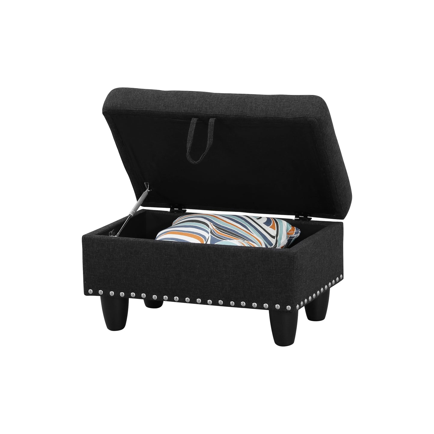 Modern black storage ottoman with nailhead trim and decorative pillow