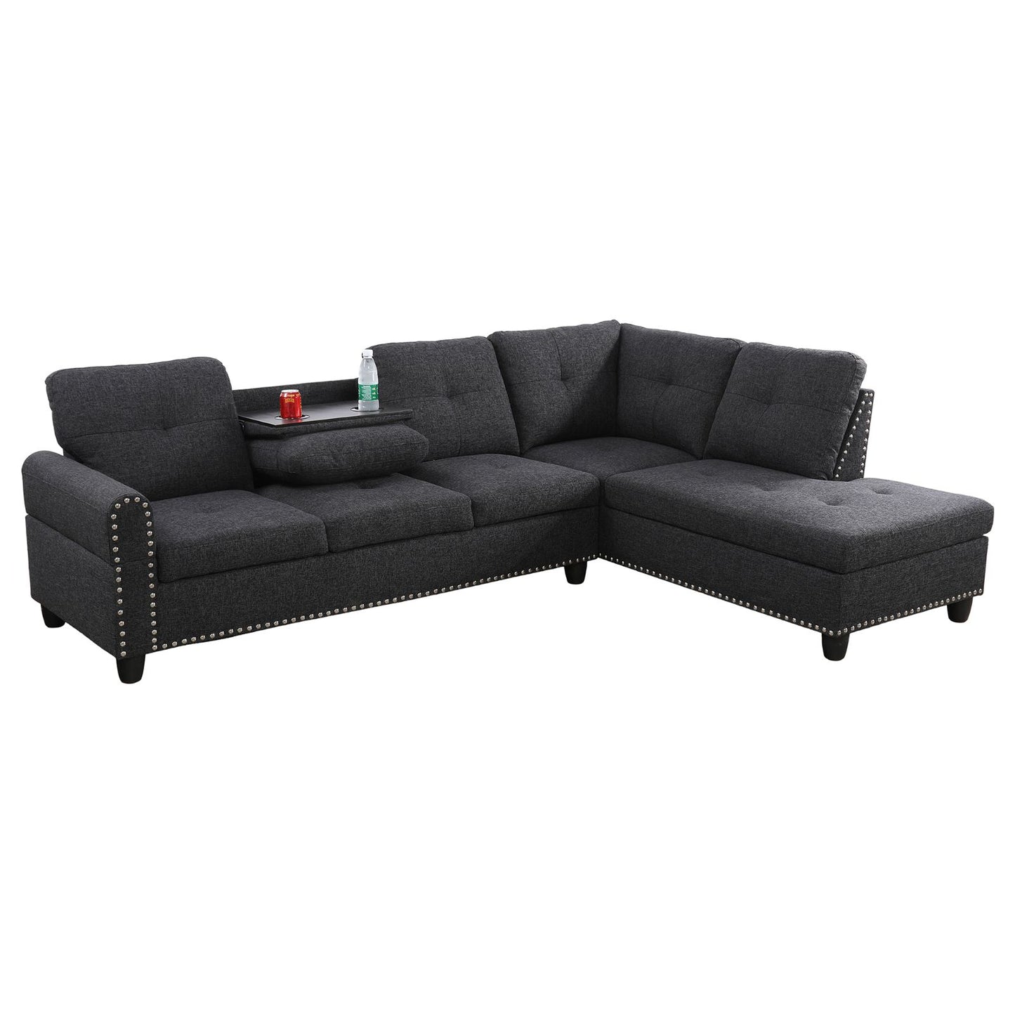Dark gray tufted sectional sofa with nailhead trim for living room