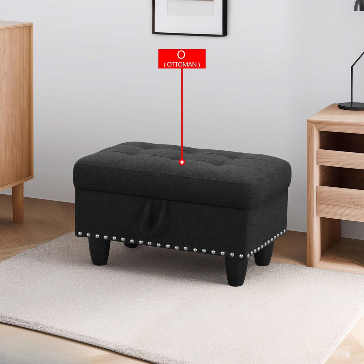 Black tufted storage ottoman with nailhead trim for seating