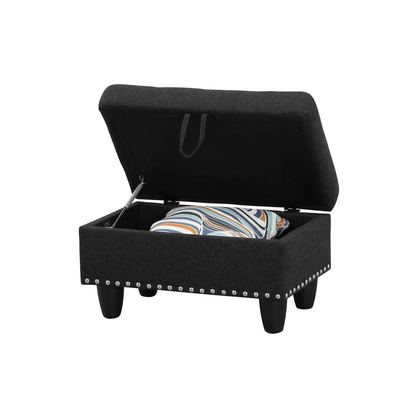 Black fabric storage ottoman with hinged lid for home decor