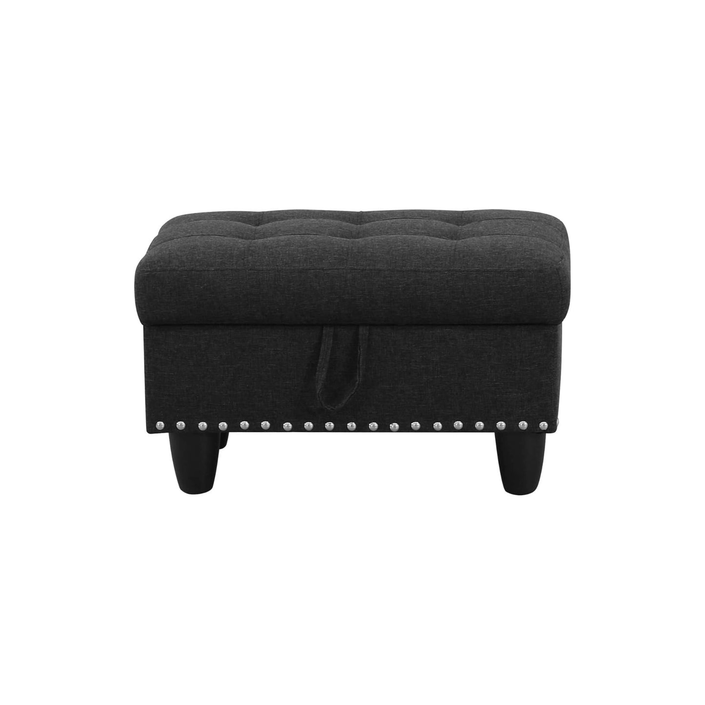 Charcoal gray fabric storage ottoman with nailhead trim for living room seating