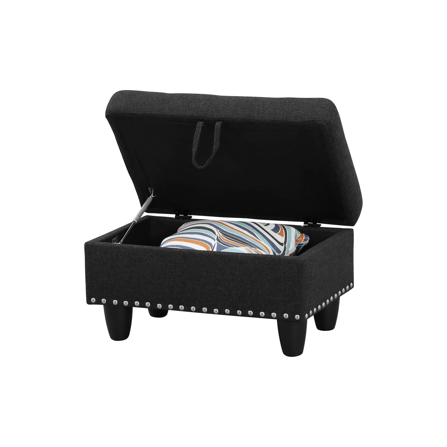 Dark gray fabric storage bench with nailhead trim and storage functionality