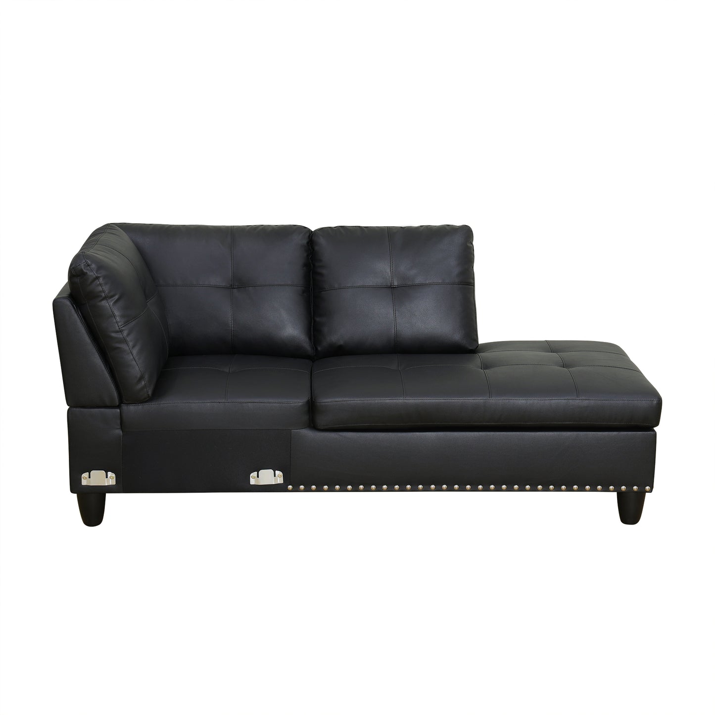 Modern black tufted leather sectional sofa with nailhead trim