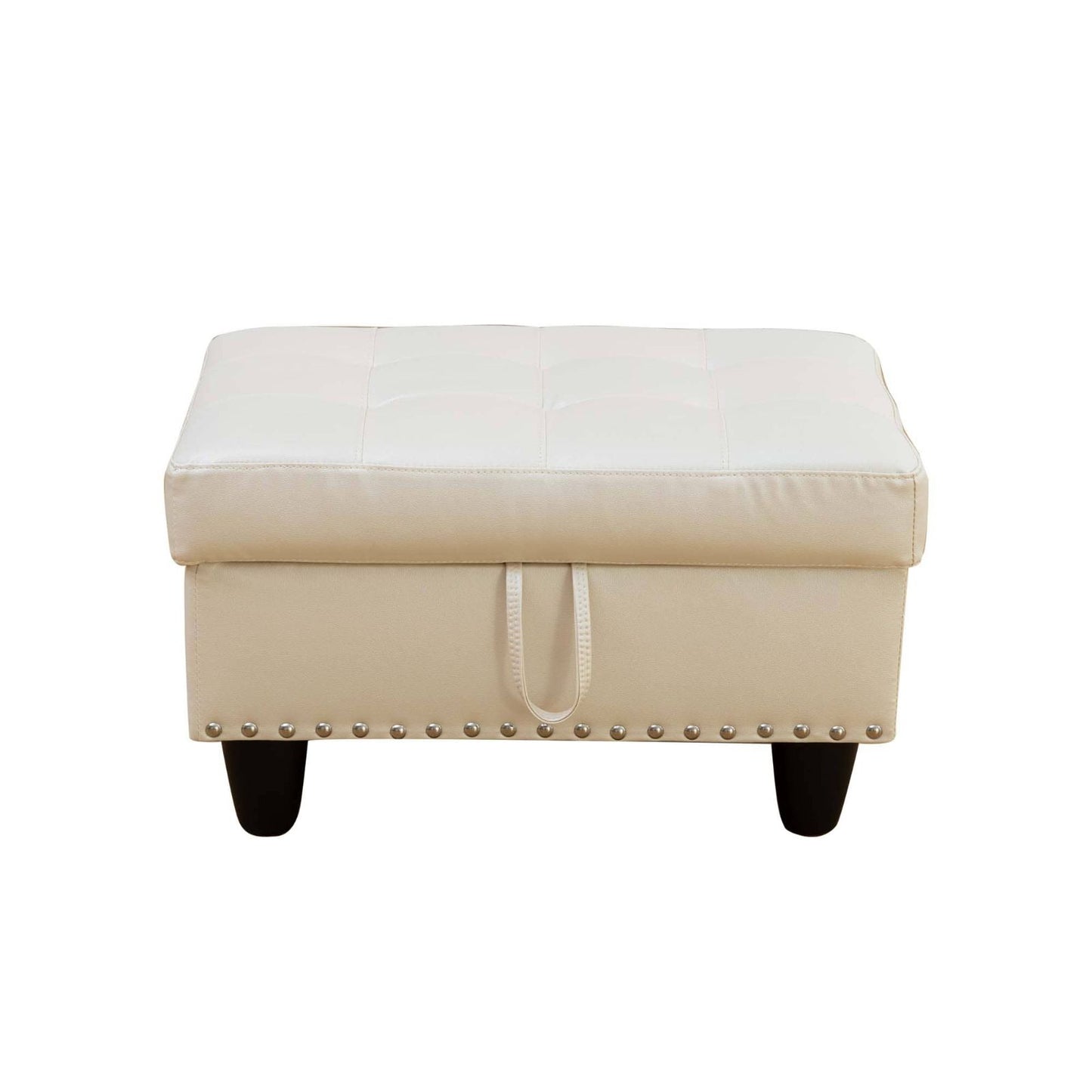 Cream tufted storage ottoman with nailhead trim and pull handle for living room