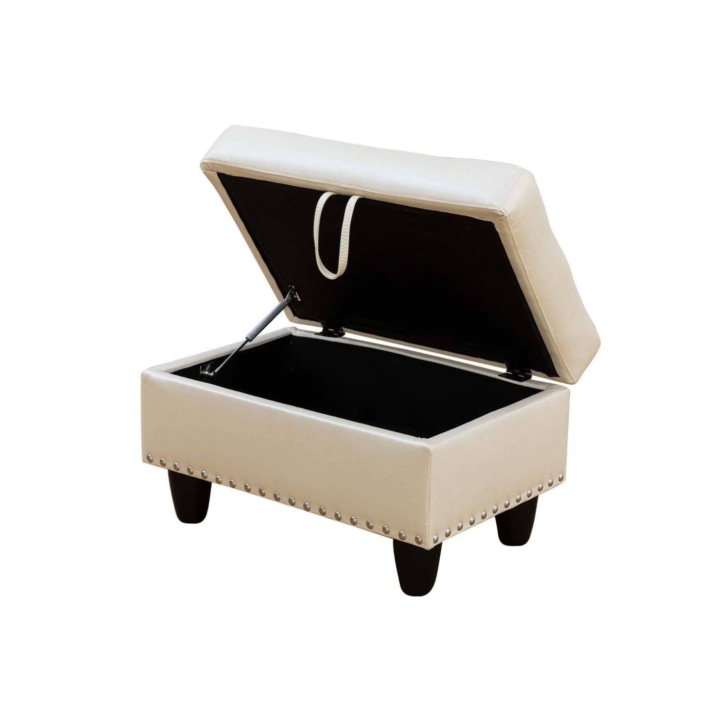 Beige faux leather storage ottoman with silver nailhead trim and dark wooden legs