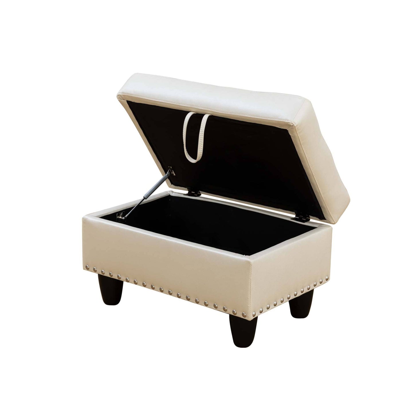 White leather storage ottoman with studded trim and lifttop storage design for living room