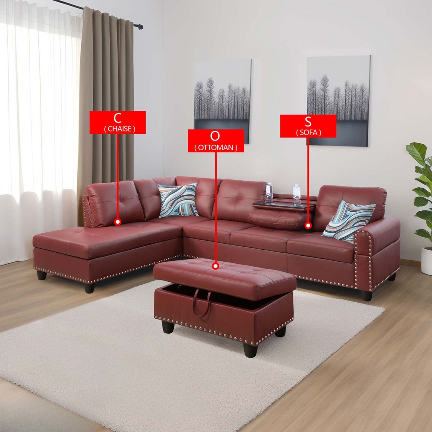 Red leather chaise lounge with striped throw pillow in living room sectional