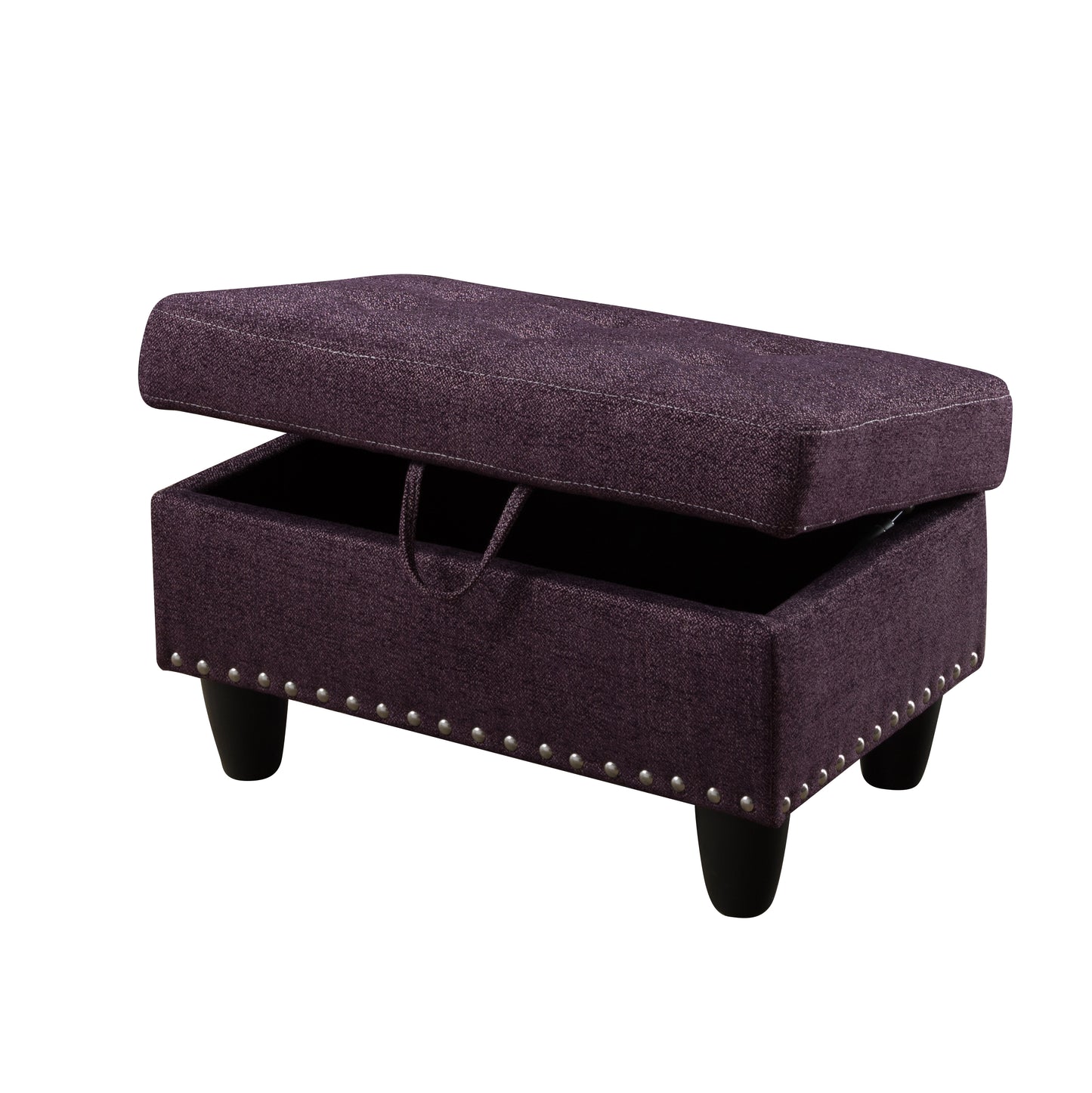 Purple fabric storage ottoman with lifttop and nailhead trim