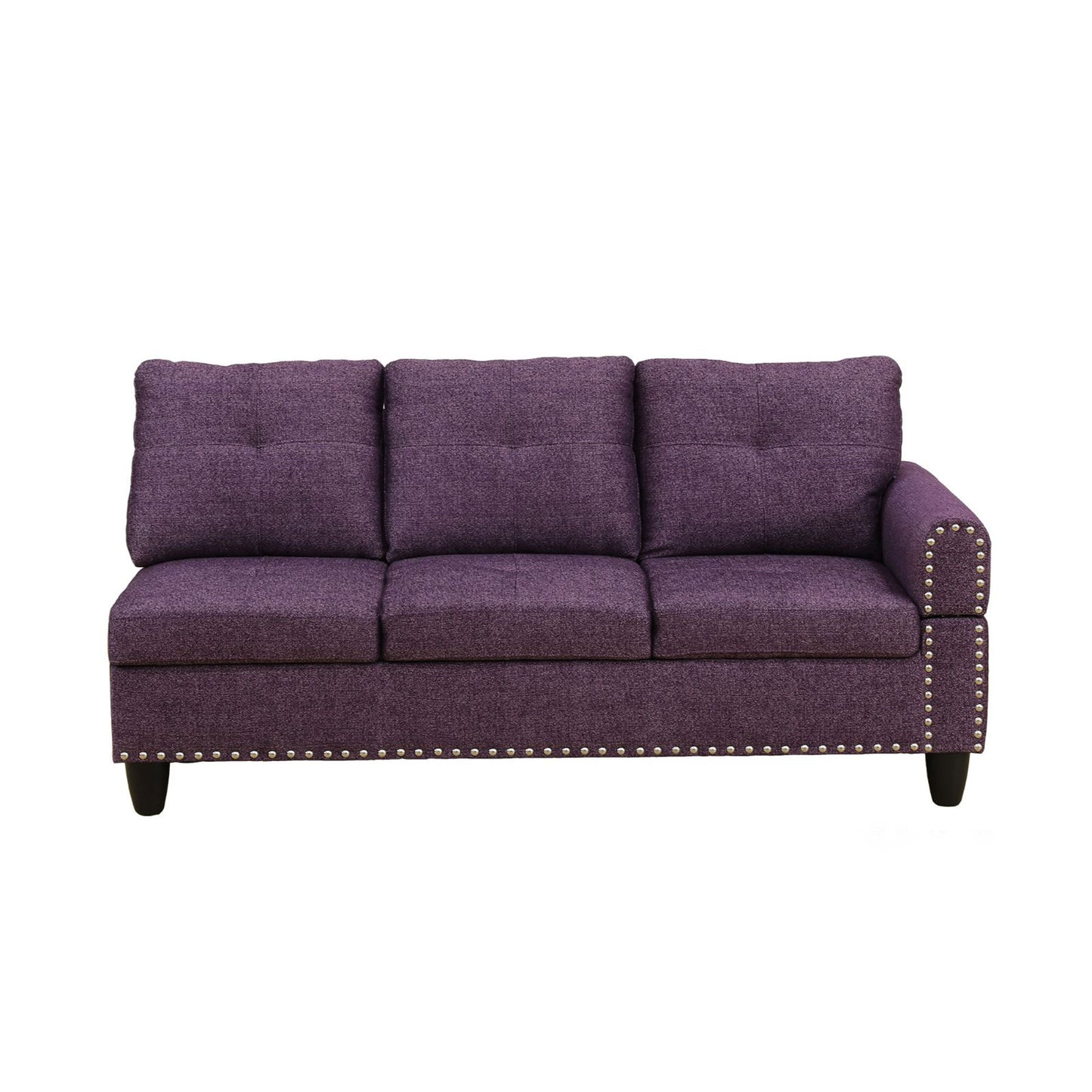Purple tufted loveseat with silver nailhead trim for modern living room seating