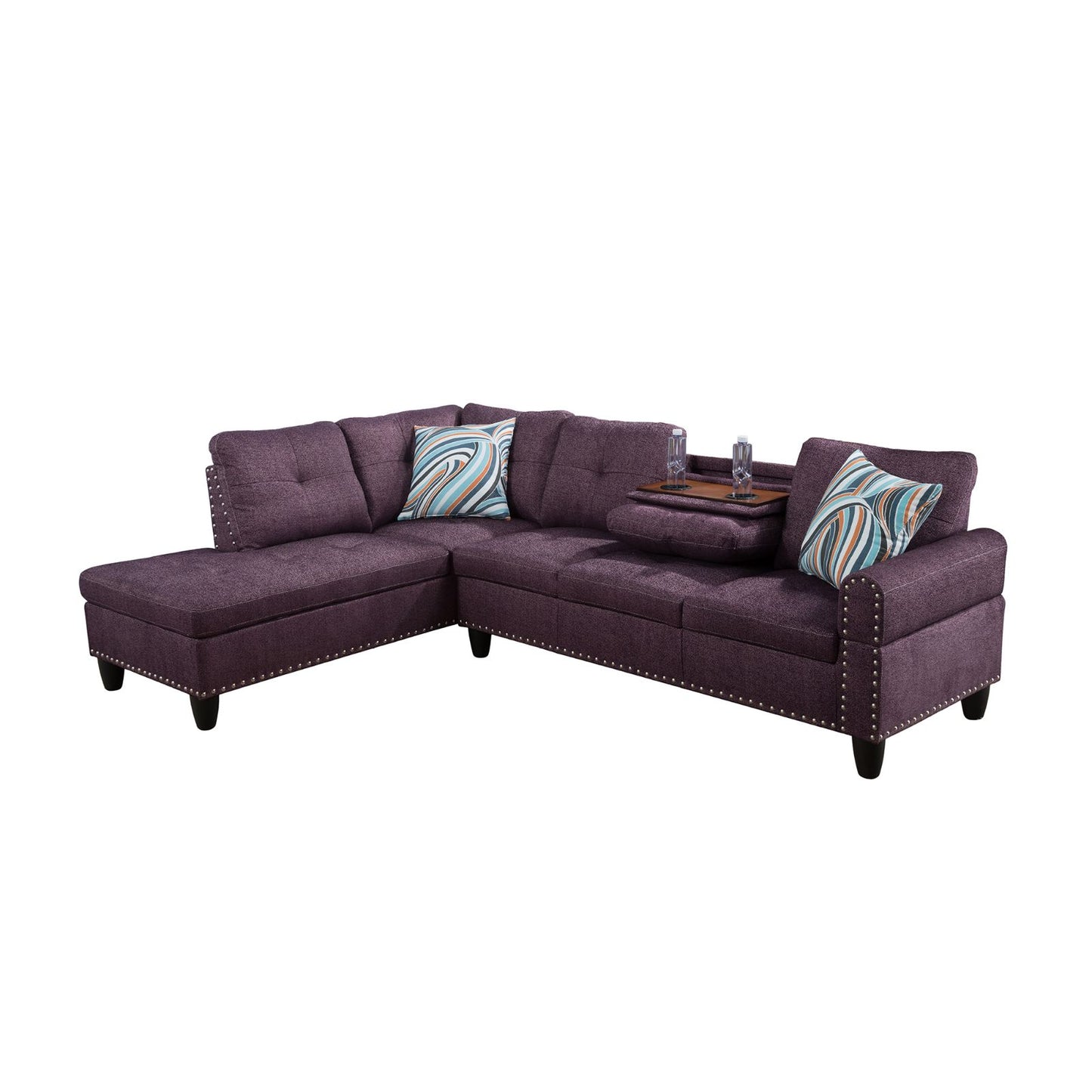 Purple sectional sofa with nailhead trim for living room seating