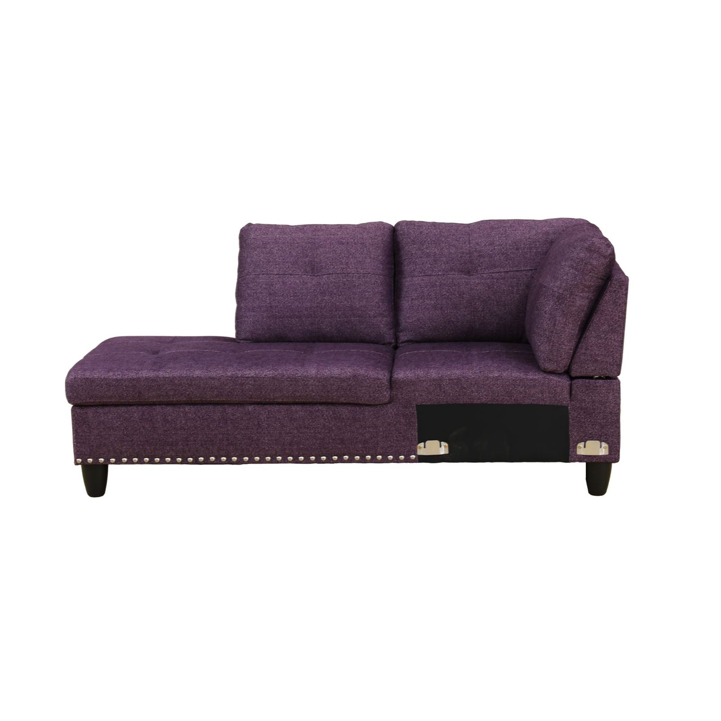 Purple tufted chaise sofa with nailhead trim for contemporary living