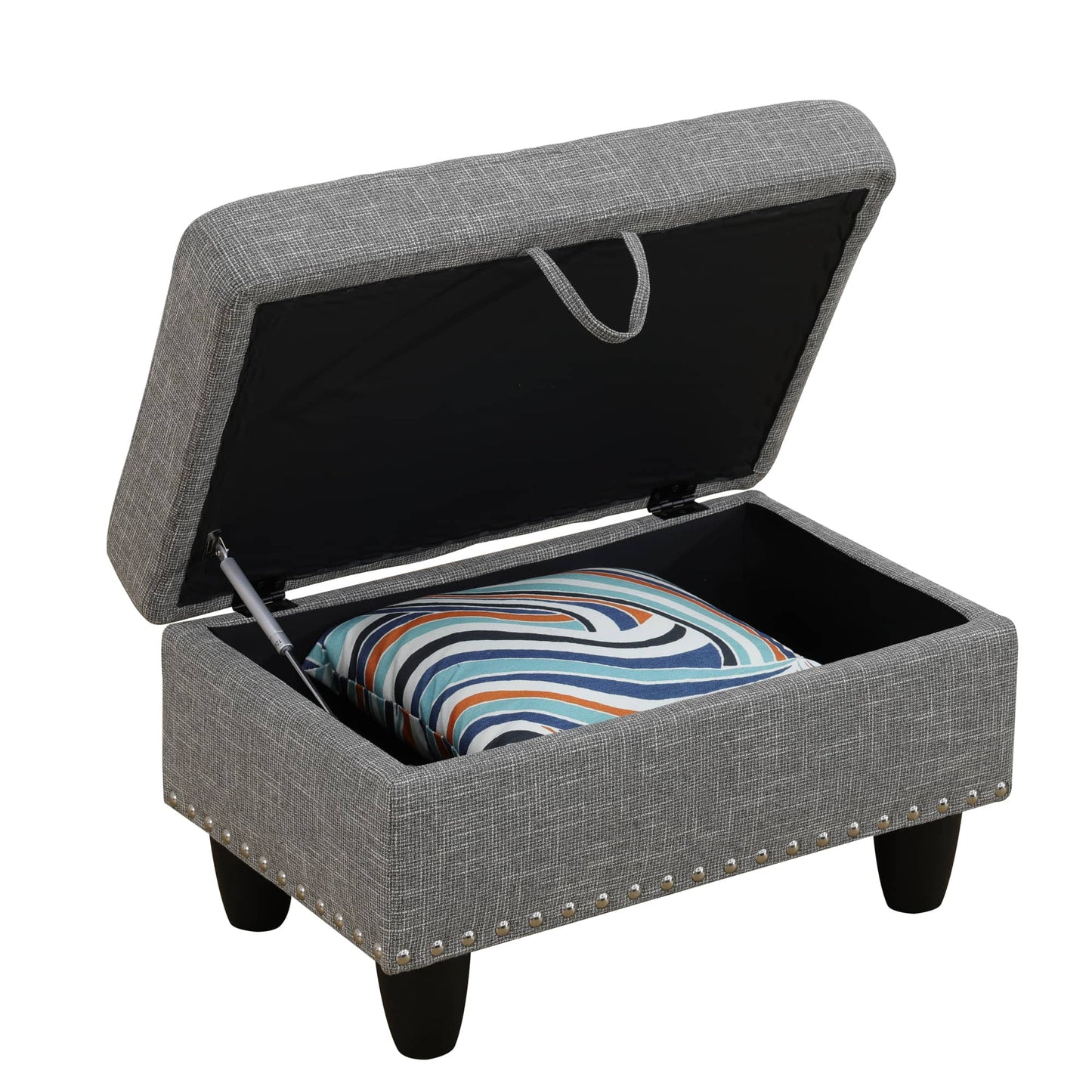 Gray upholstered storage ottoman with striped interior cushion