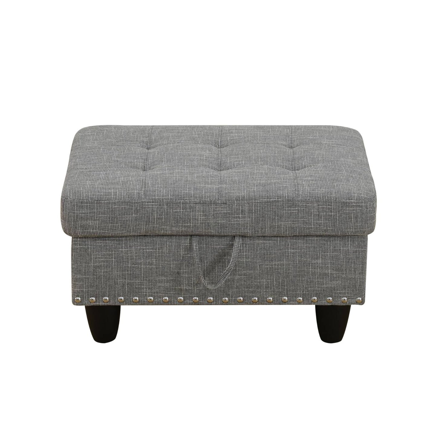 Gray tufted fabric storage ottoman with nailhead trim and handle