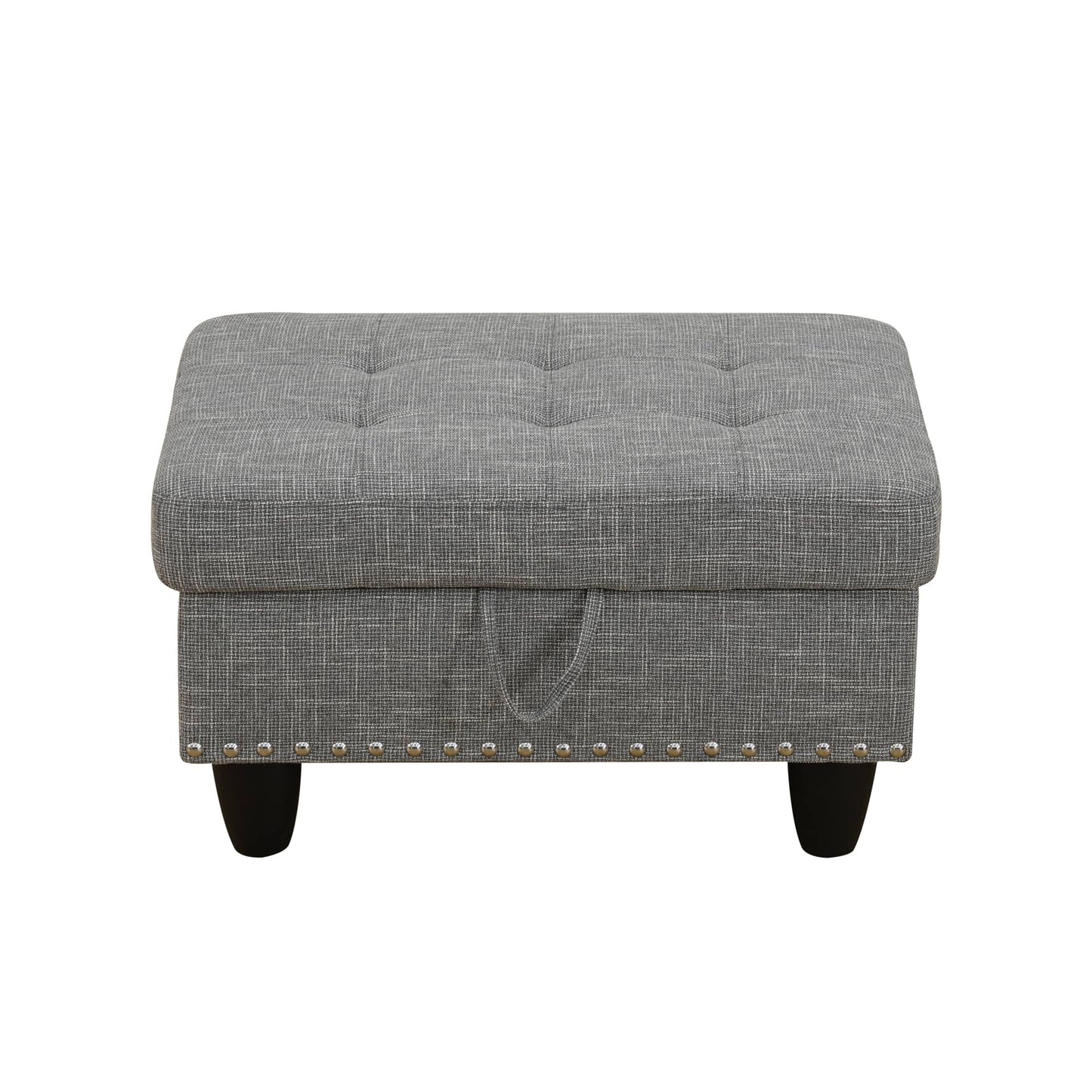 Gray tufted fabric storage ottoman with metal accents for living room seating