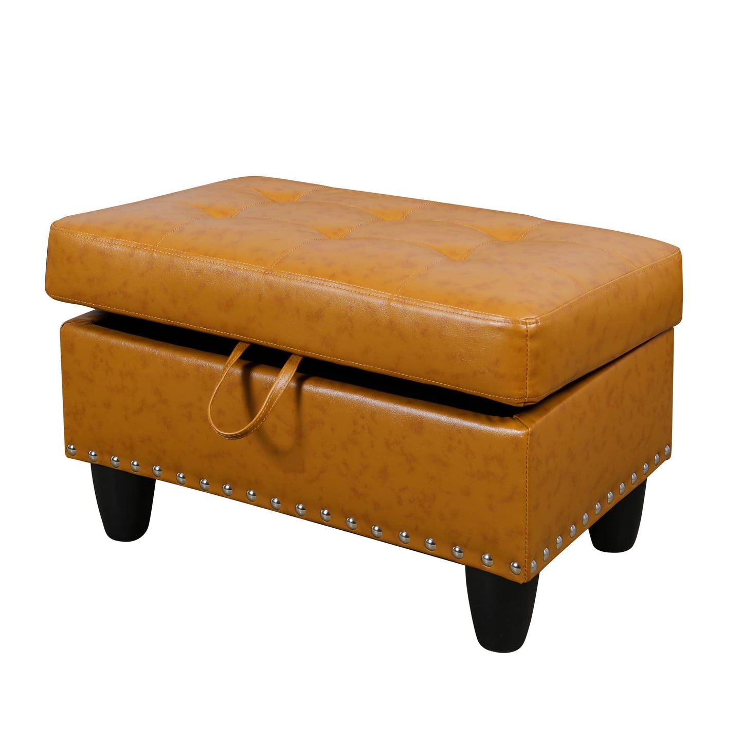 Tan leather storage ottoman with tufted seat and metal accents