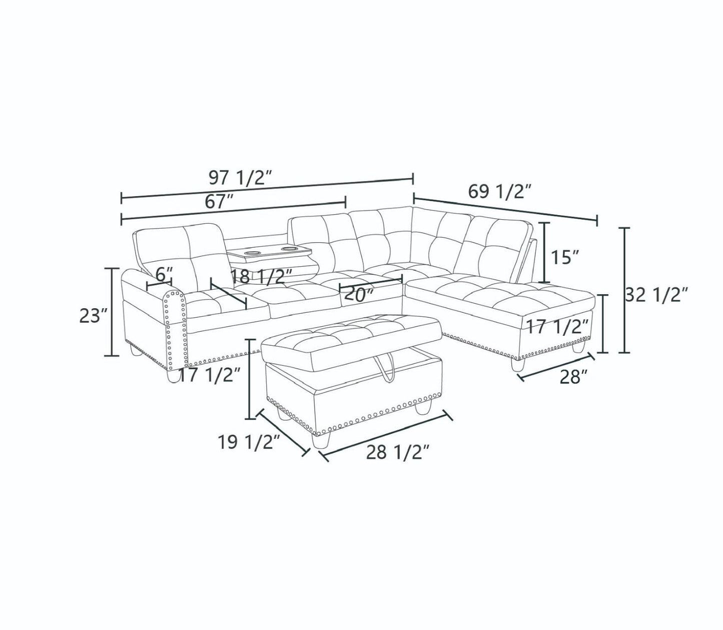 Leather tufted lshape sectional sofa dimensions drawing