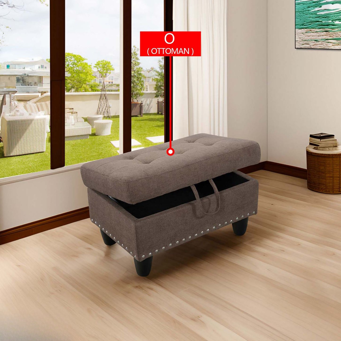Tufted grey storage ottoman with silver nailhead trim and dark wooden legs