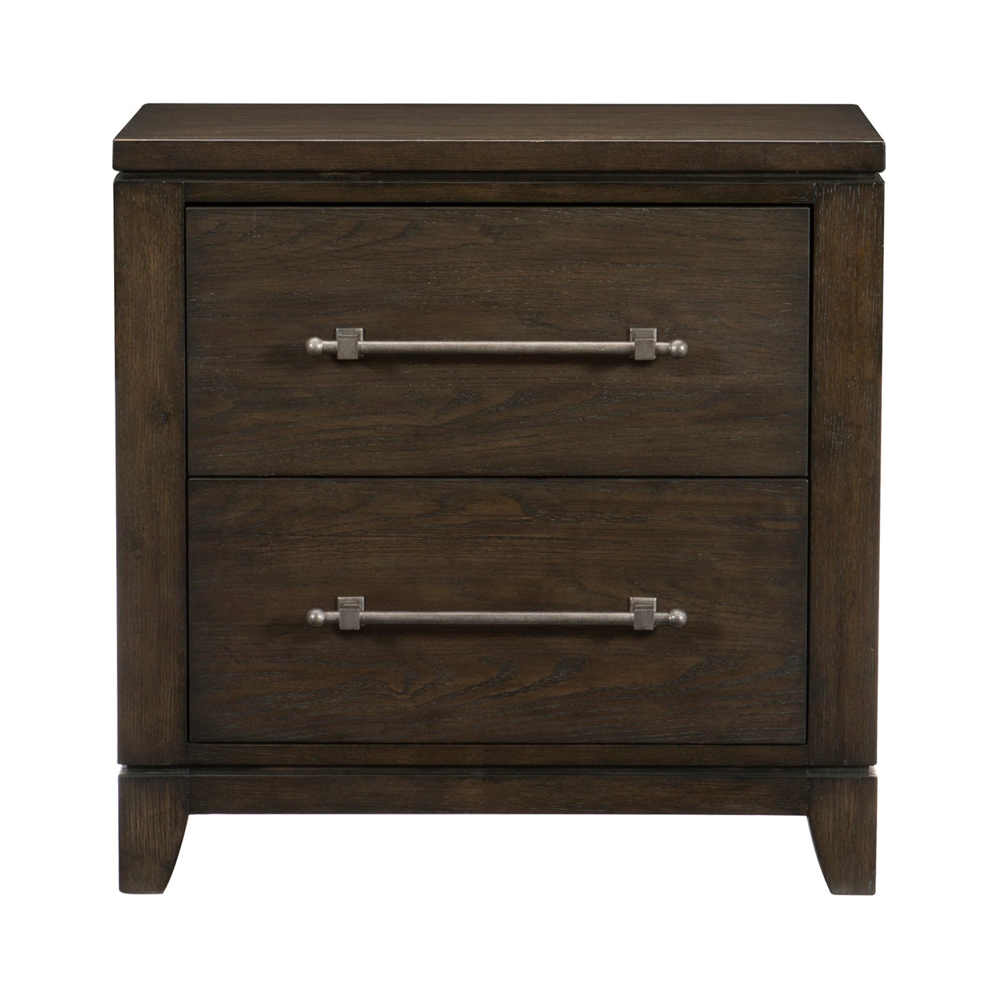 Dark brown wood nightstand with two drawers and brushed nickel hardware