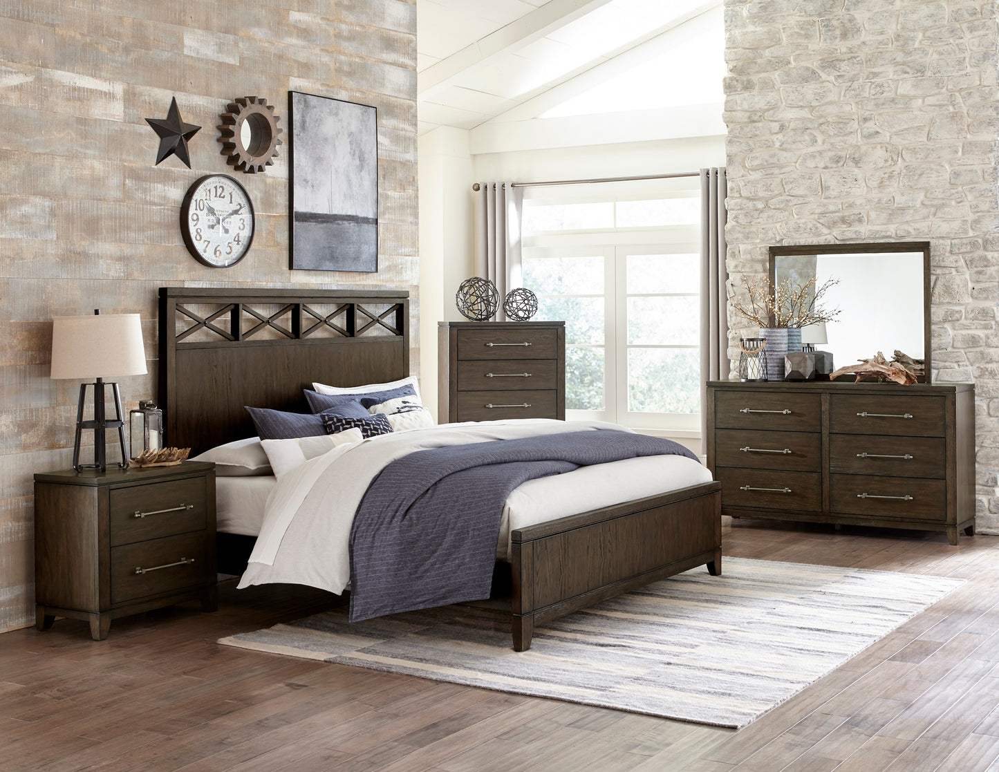 Dark wood king bed frame with crisscross headboard detail
