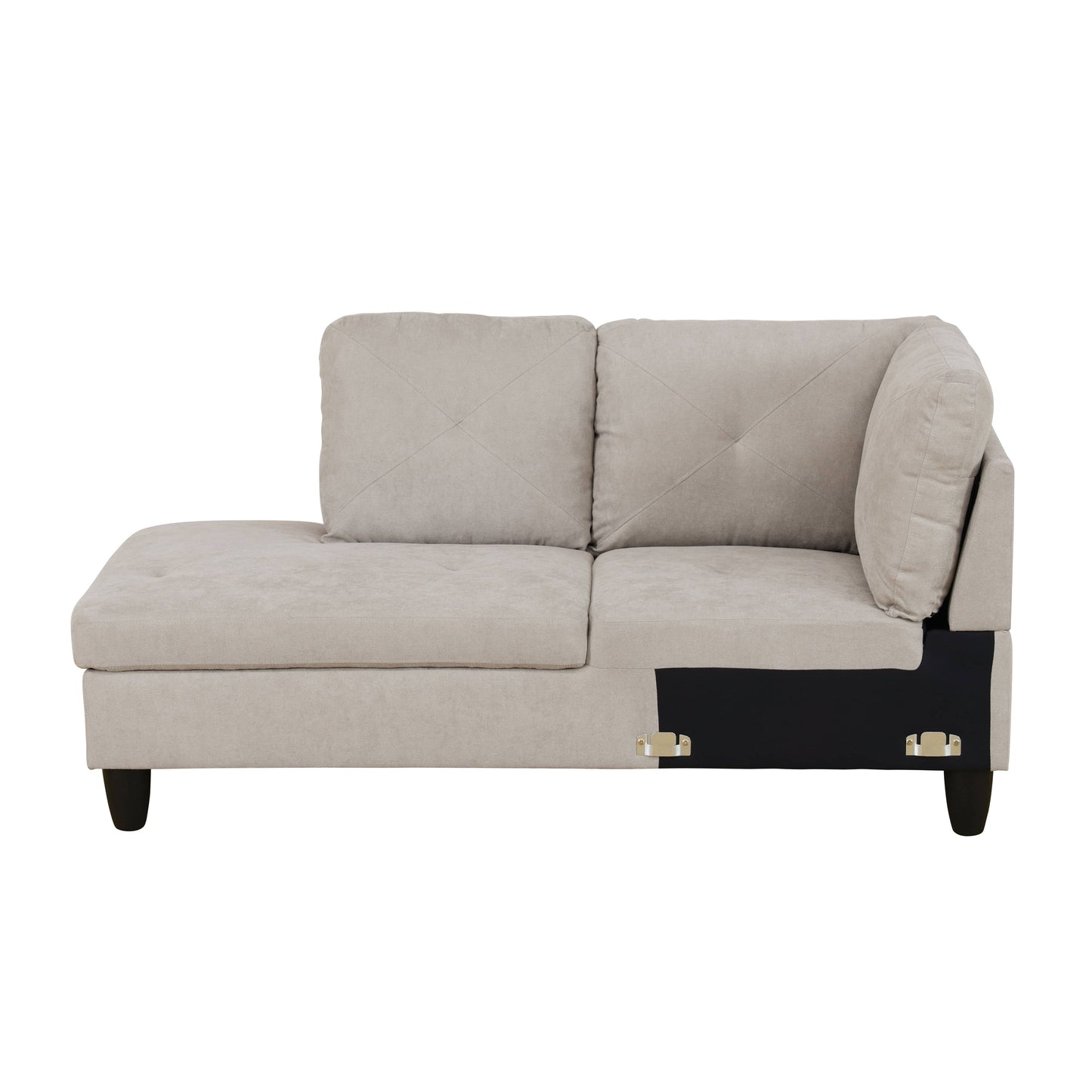 Beige sectional sofa with tufted back cushions and black legs