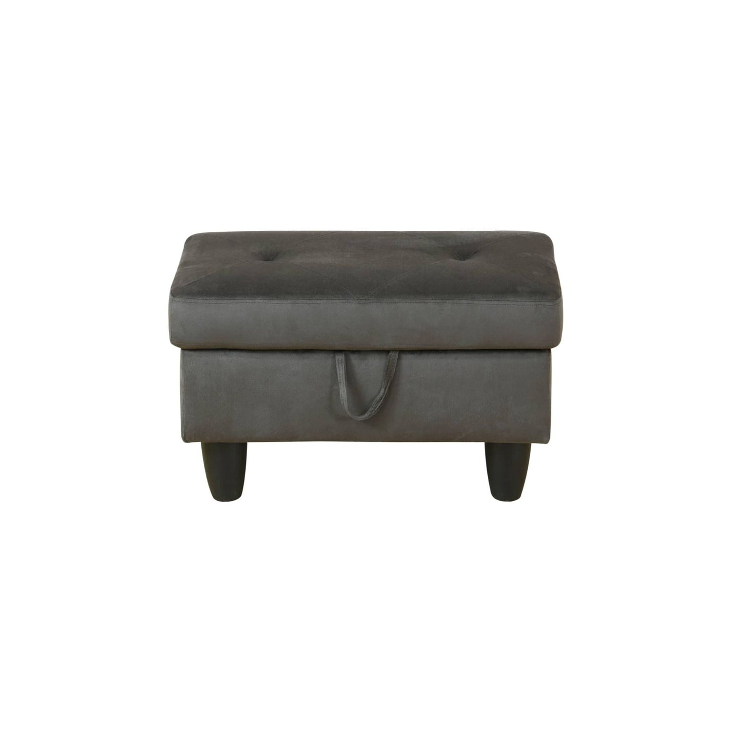 Grey velvet tufted storage ottoman with fabric pull tab