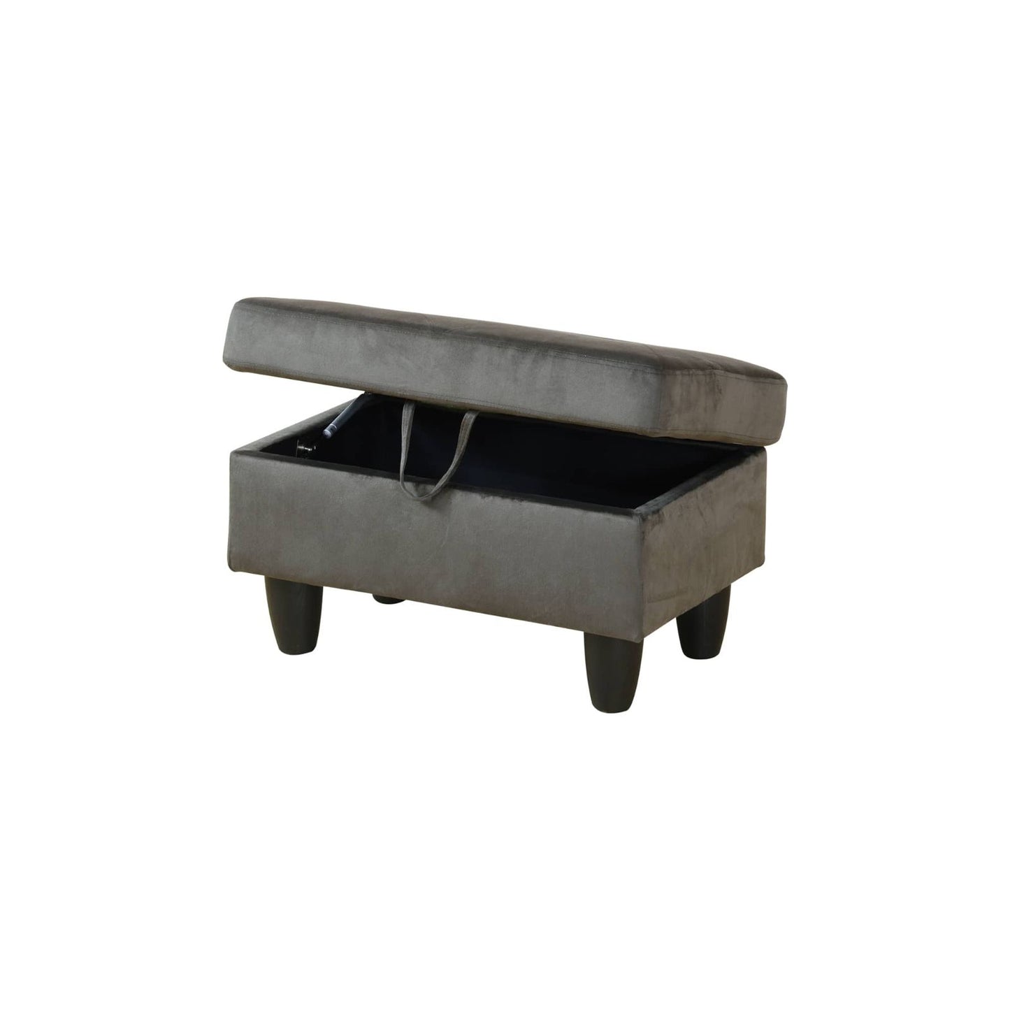Gray velvet storage ottoman with lifttop lid and black tapered legs
